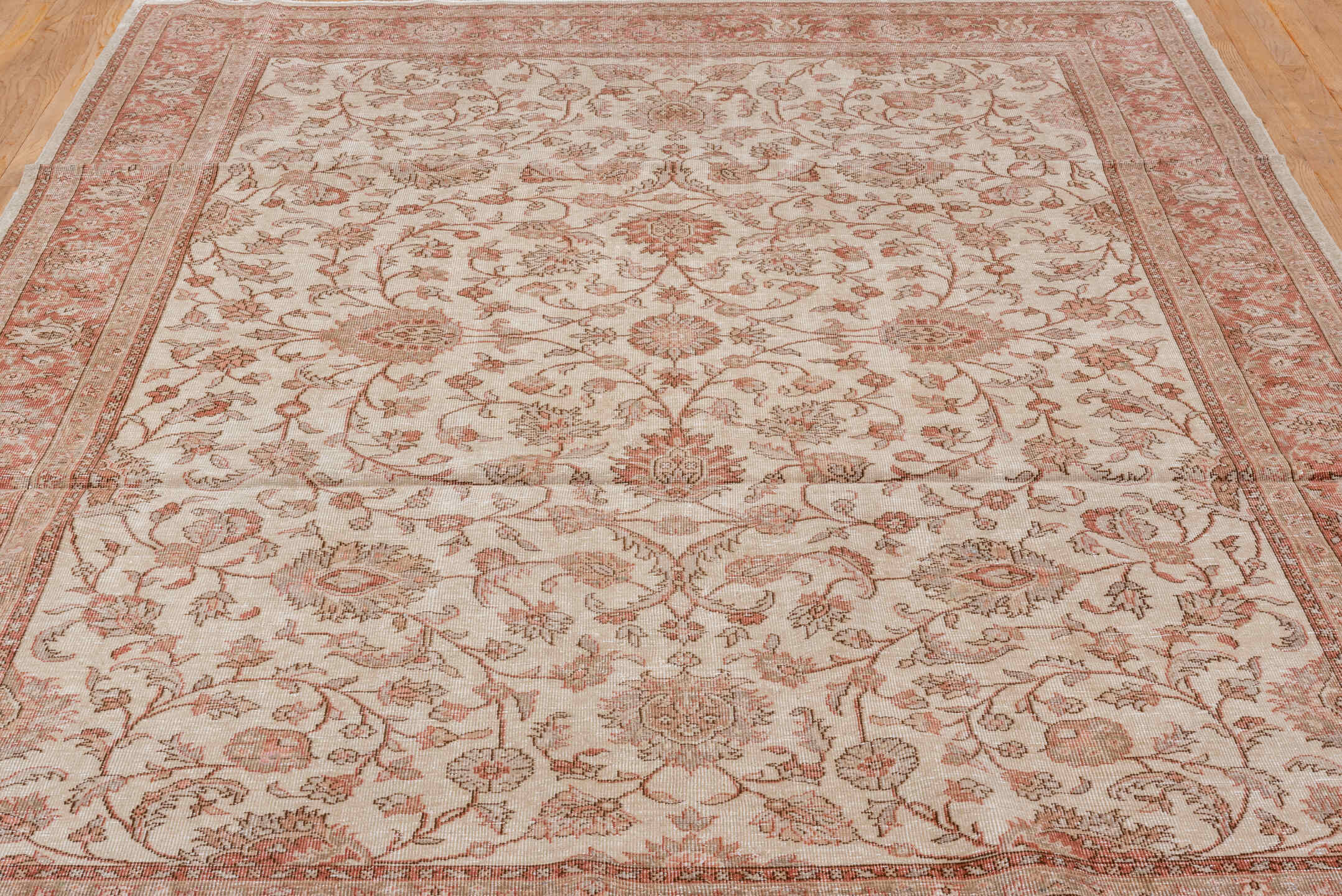 6' x 9' one-of-a-kind handmade vintage Sparta medium size rug. Color palette: brown, gray, light gray, off-white, pink