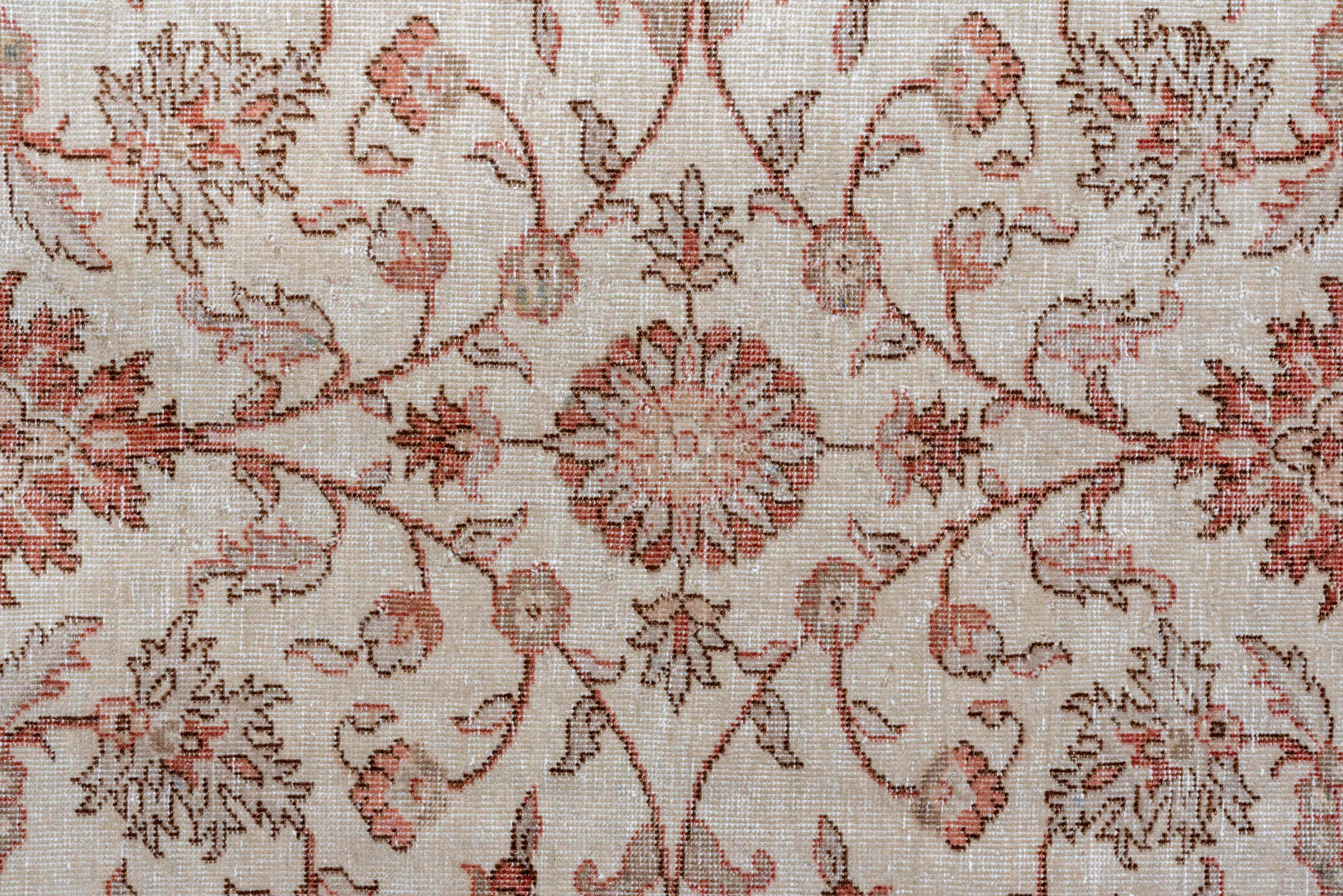 6' x 9' one-of-a-kind handmade vintage Sparta medium size rug. Color palette: brown, gray, light gray, off-white, pink