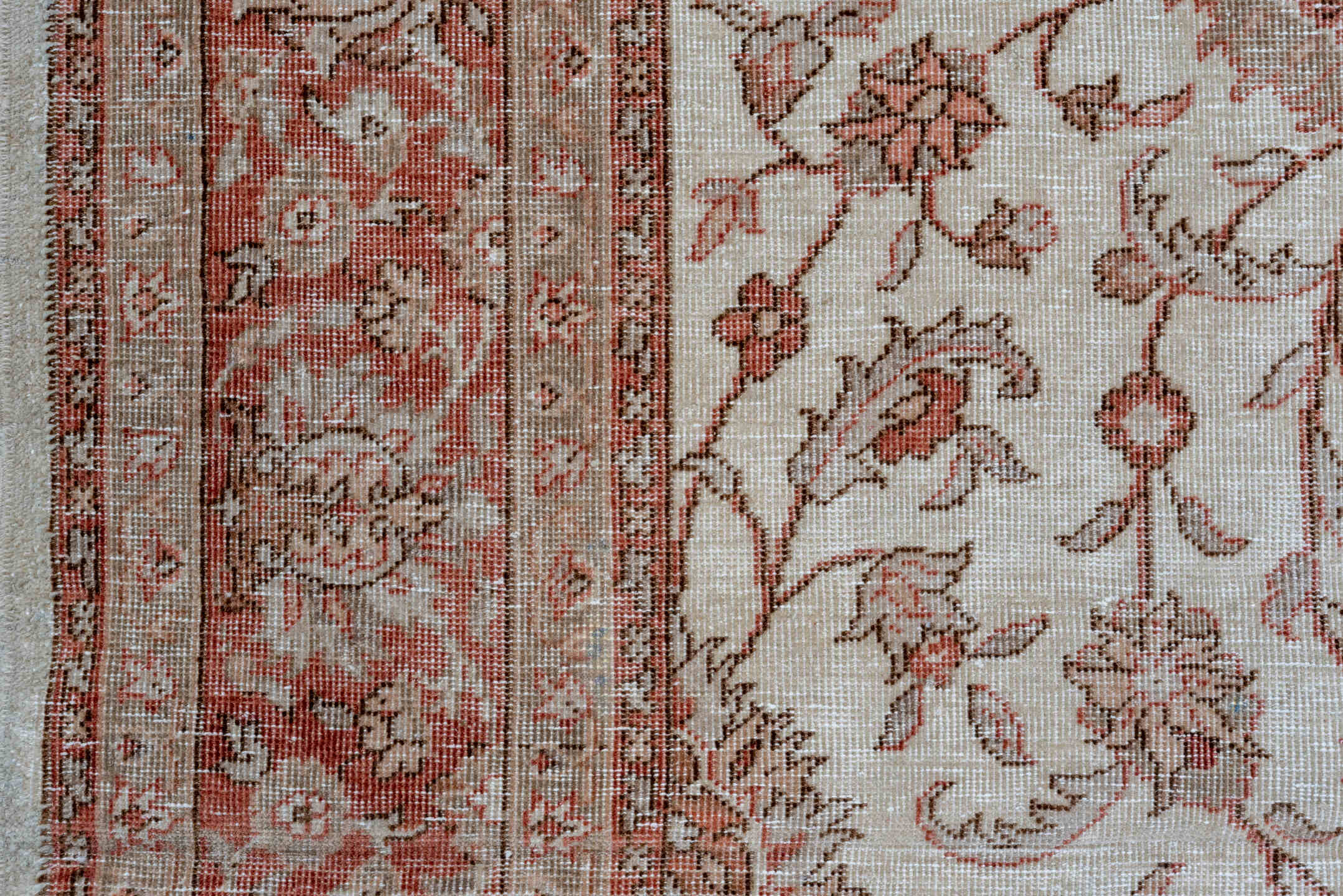 6' x 9' one-of-a-kind handmade vintage Sparta medium size rug. Color palette: brown, gray, light gray, off-white, pink