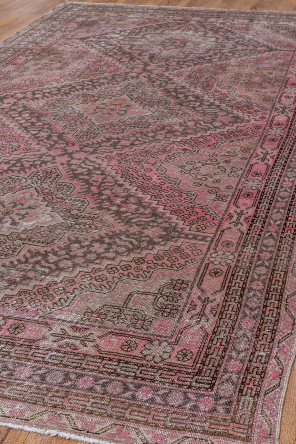 6' x 13' one-of-a-kind handmade vintage Khotan large size rug. Color palette: brown, gray, light gray, off-white, pink