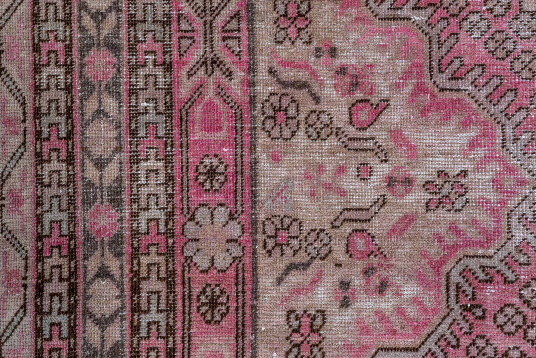 6' x 13' one-of-a-kind handmade vintage Khotan large size rug. Color palette: brown, gray, light gray, off-white, pink
