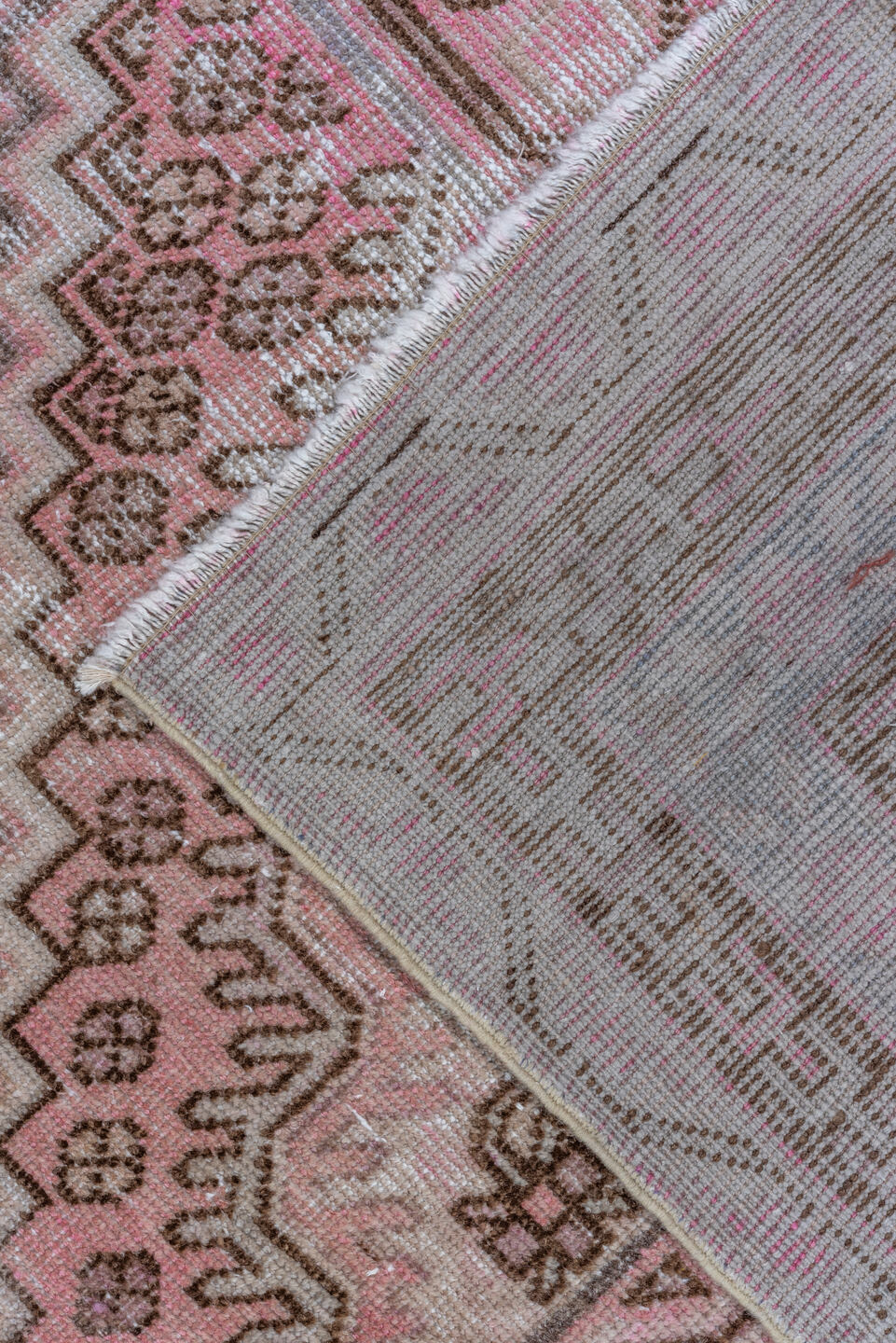 6' x 13' one-of-a-kind handmade vintage Khotan large size rug. Color palette: brown, gray, light gray, off-white, pink