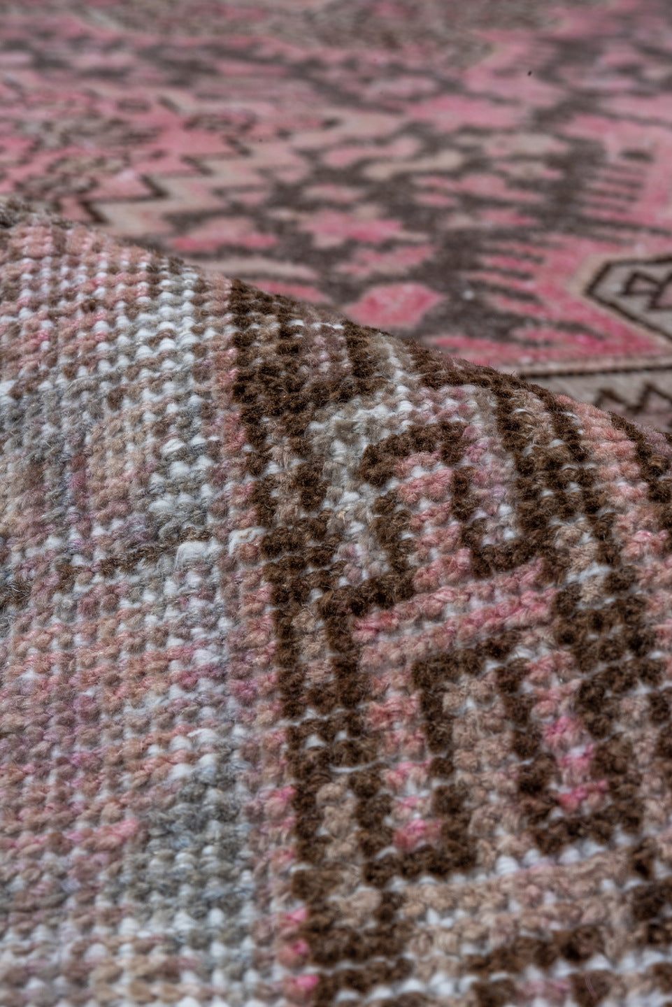 6' x 13' one-of-a-kind handmade vintage Khotan large size rug. Color palette: brown, gray, light gray, off-white, pink