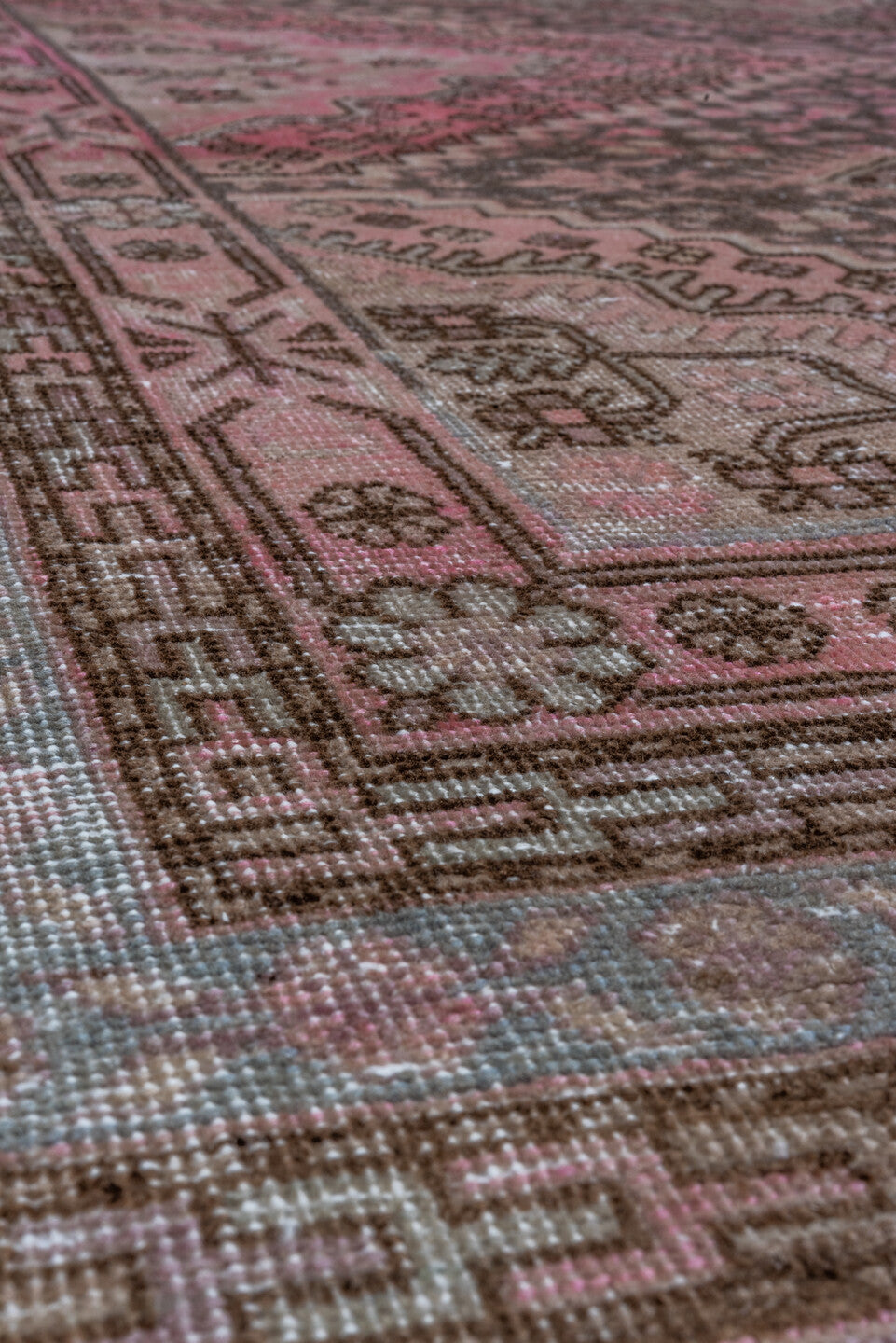 6' x 13' one-of-a-kind handmade vintage Khotan large size rug. Color palette: brown, gray, light gray, off-white, pink