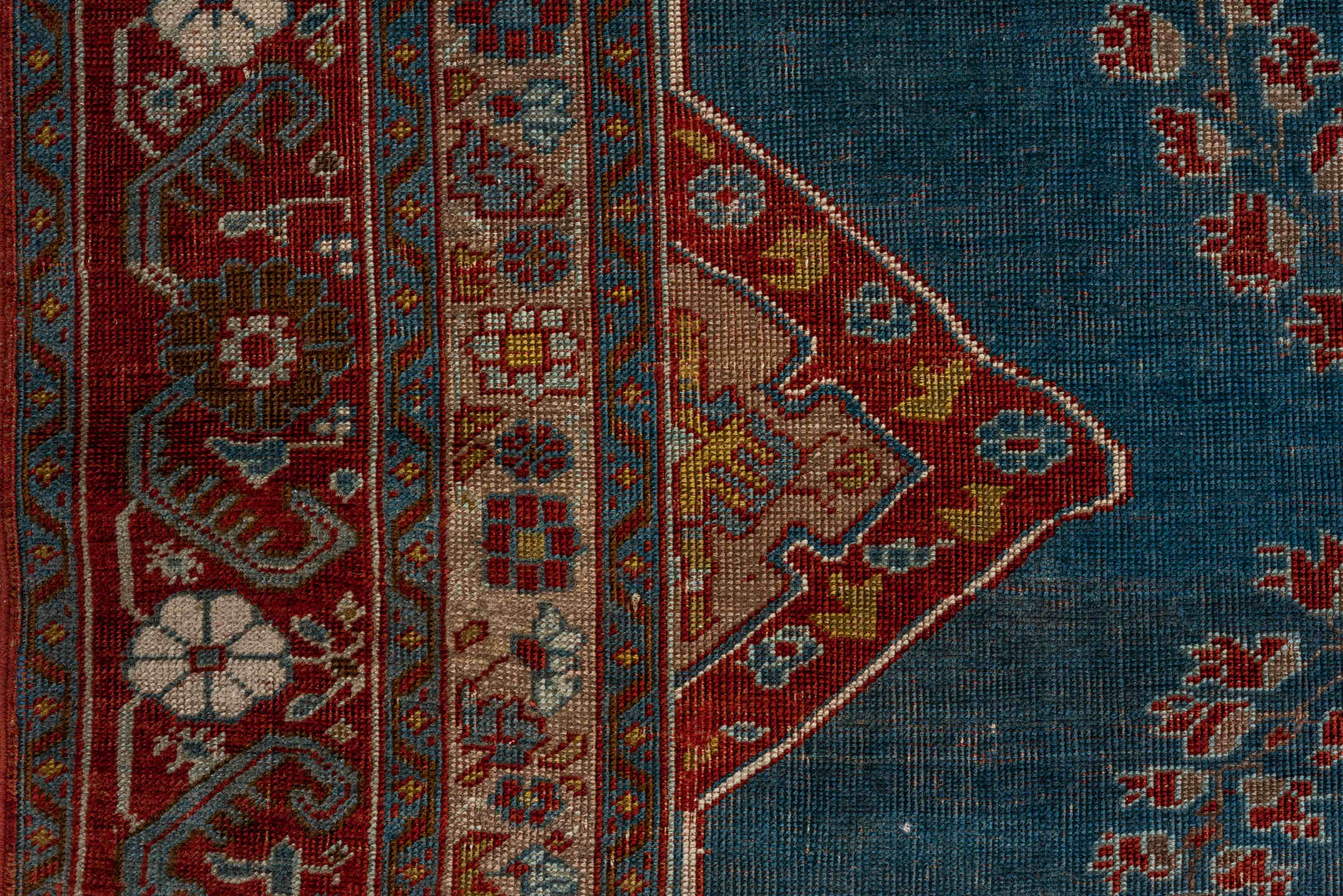 5' x 9' one-of-a-kind handmade antique Karabagh medium size rug. Color palette: turquoise, rust, ivory, terra cotta, gold