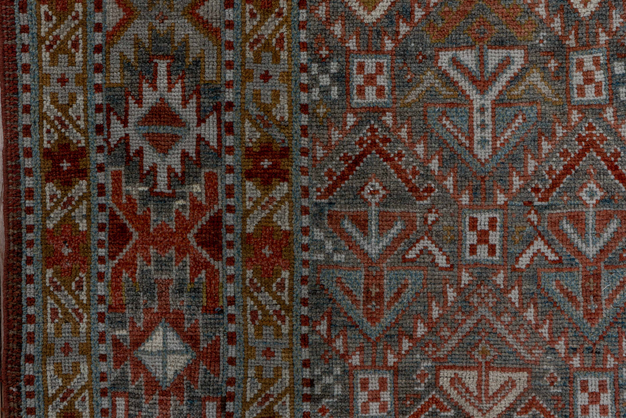 3' x 12' one-of-a-kind handmade antique NW Persian runner rug. Color palette: rust, taupe, ivory, slate, camel, terracotta