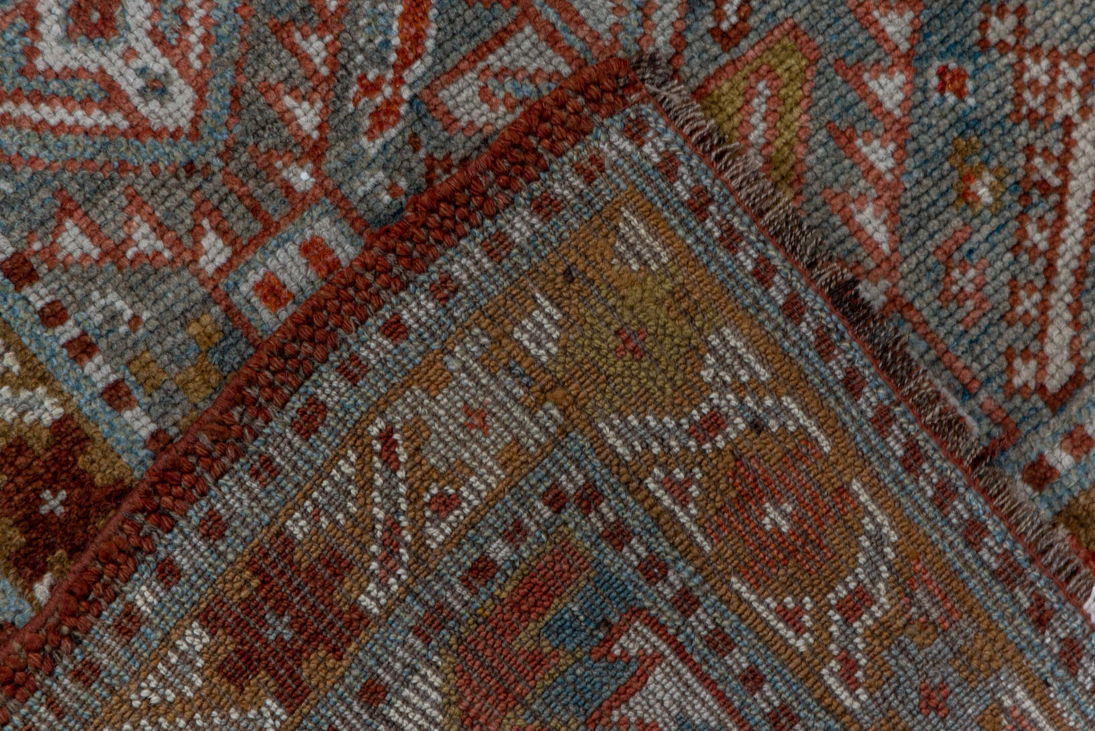 3' x 12' one-of-a-kind handmade antique NW Persian runner rug. Color palette: rust, taupe, ivory, slate, camel, terracotta