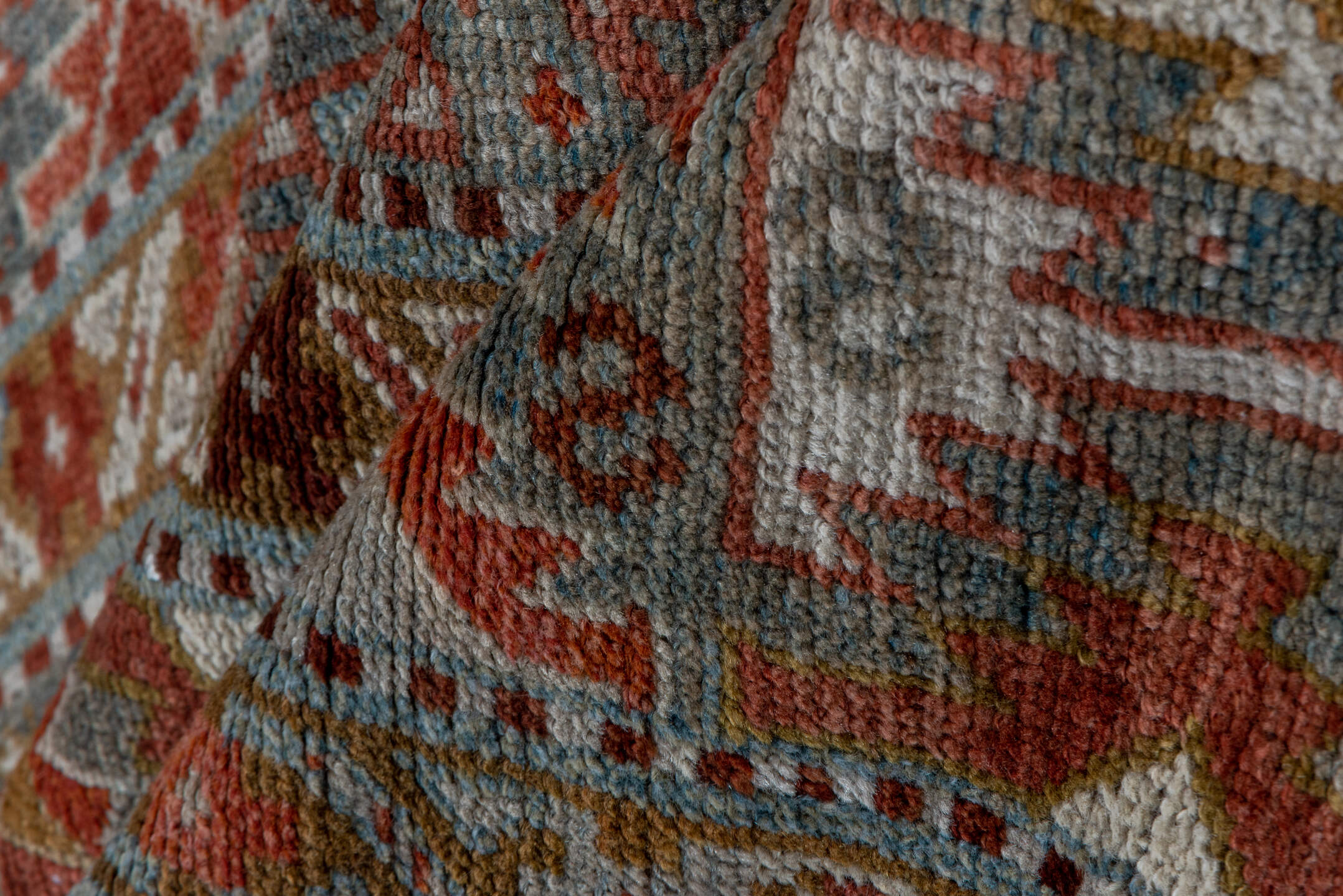 3' x 12' one-of-a-kind handmade antique NW Persian runner rug. Color palette: rust, taupe, ivory, slate, camel, terracotta