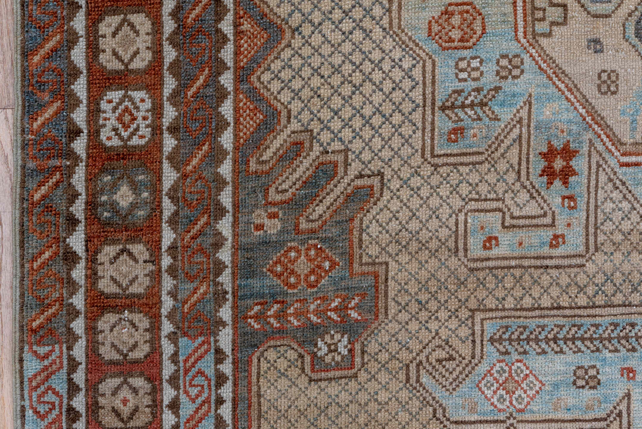 4' x 7' one-of-a-kind handmade antique Shirvan rug. Color palette: ivory, rust, brown, slate, sky blue, taupe, terracotta