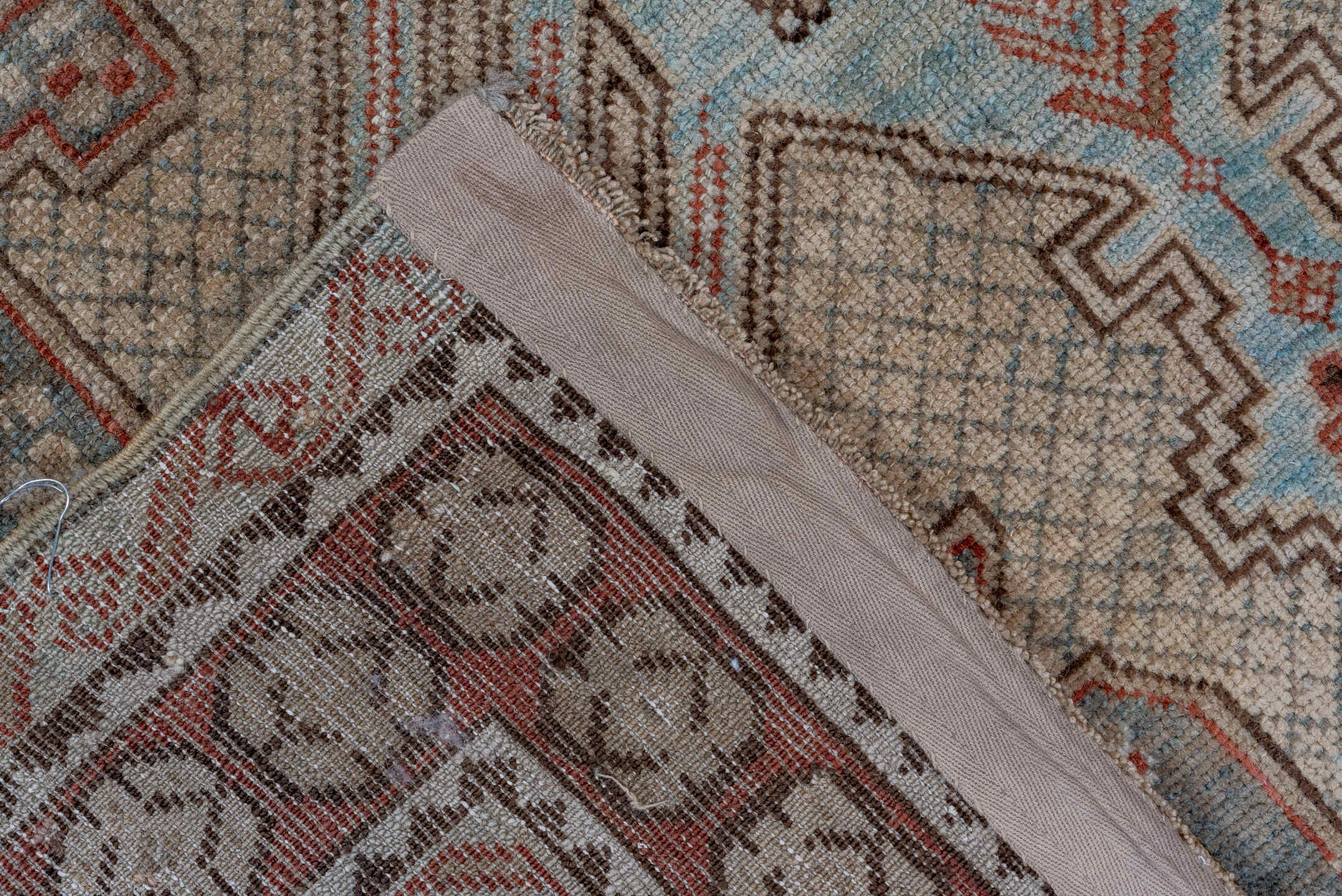 4' x 7' one-of-a-kind handmade antique Shirvan rug. Color palette: ivory, rust, brown, slate, sky blue, taupe, terracotta