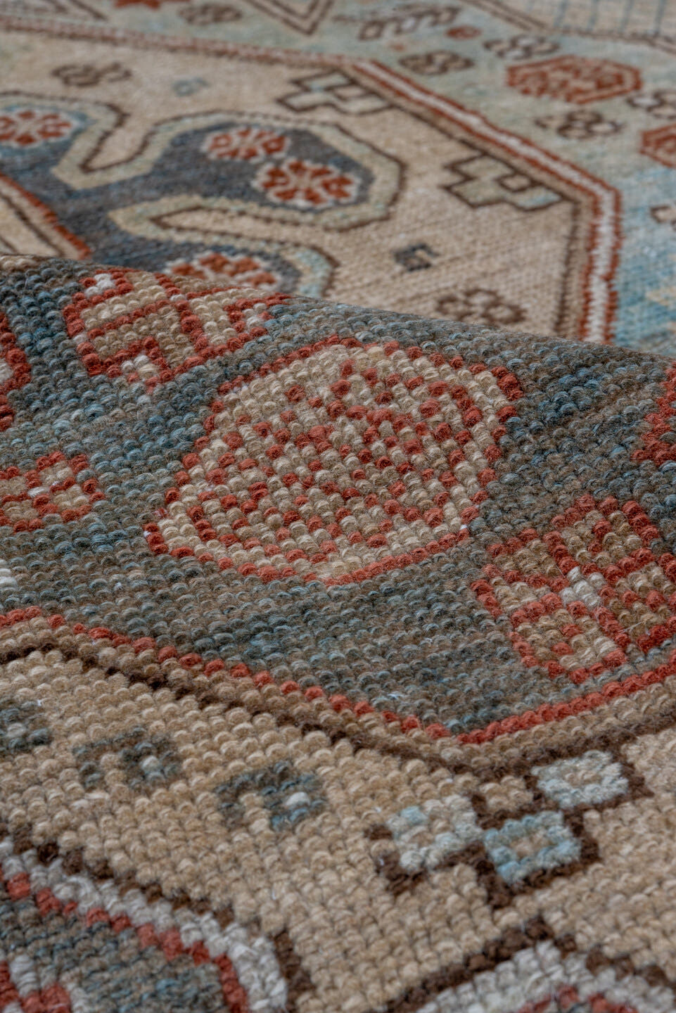 4' x 7' one-of-a-kind handmade antique Shirvan rug. Color palette: ivory, rust, brown, slate, sky blue, taupe, terracotta