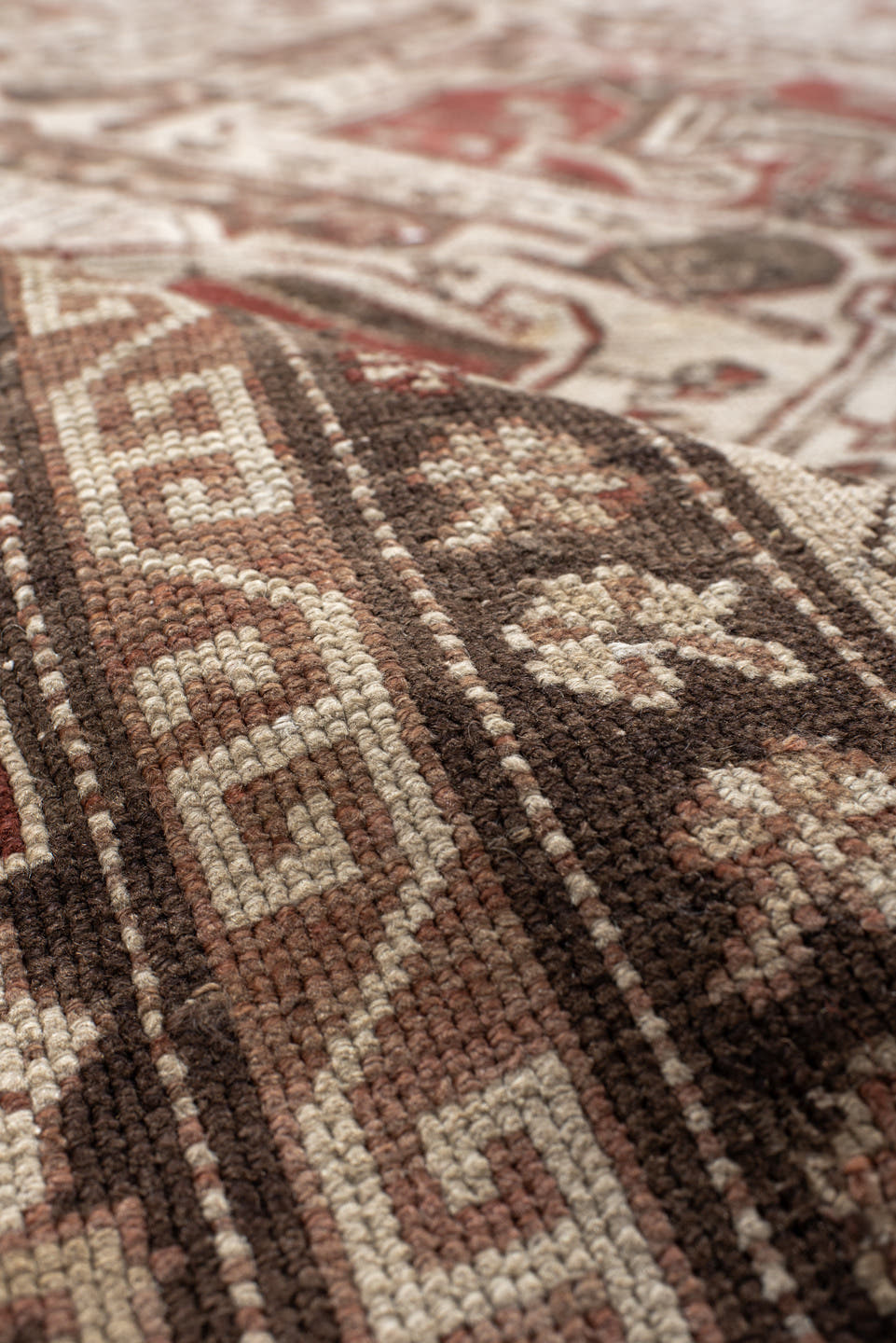 5' x 10' one-of-a-kind handmade vintage Caucasian medium size rug. Color palette: ivory, taupe, brown, rust, camel, rose