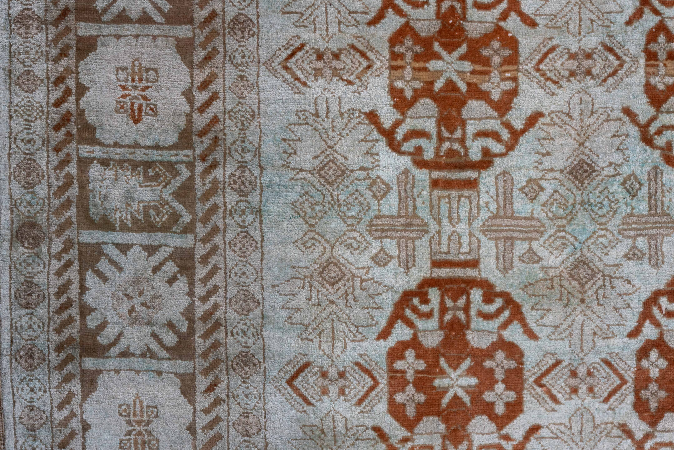 3' x 5' one-of-a-kind handmade antique Kaisary small size rug. Color palette: ivory, camel, taupe, rust, beige, sand, gray