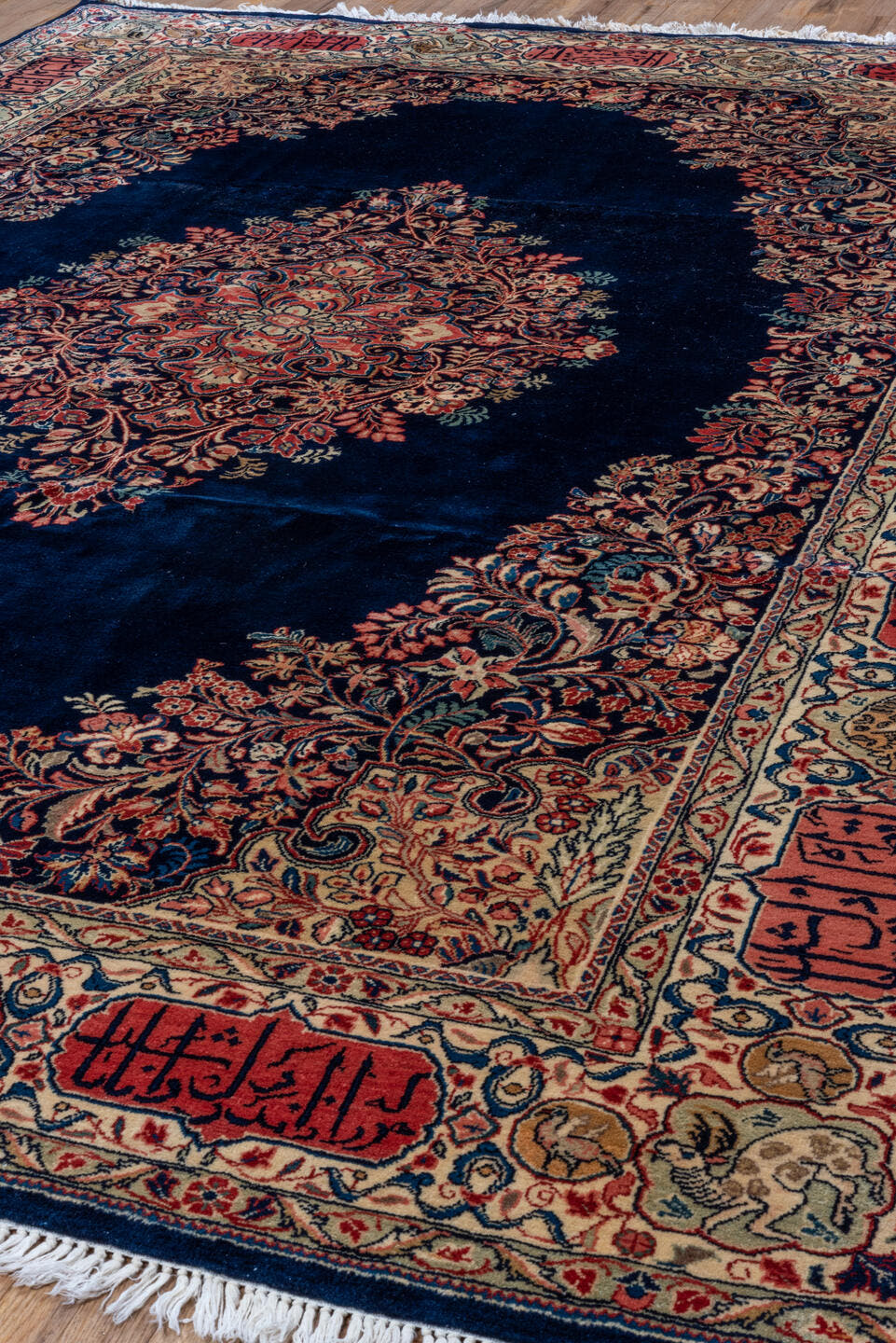 8' x 11' one-of-a-kind handmade antique Sarouk large size rug. Color palette: navy, ivory, rose, crimson, gold, sage, camel