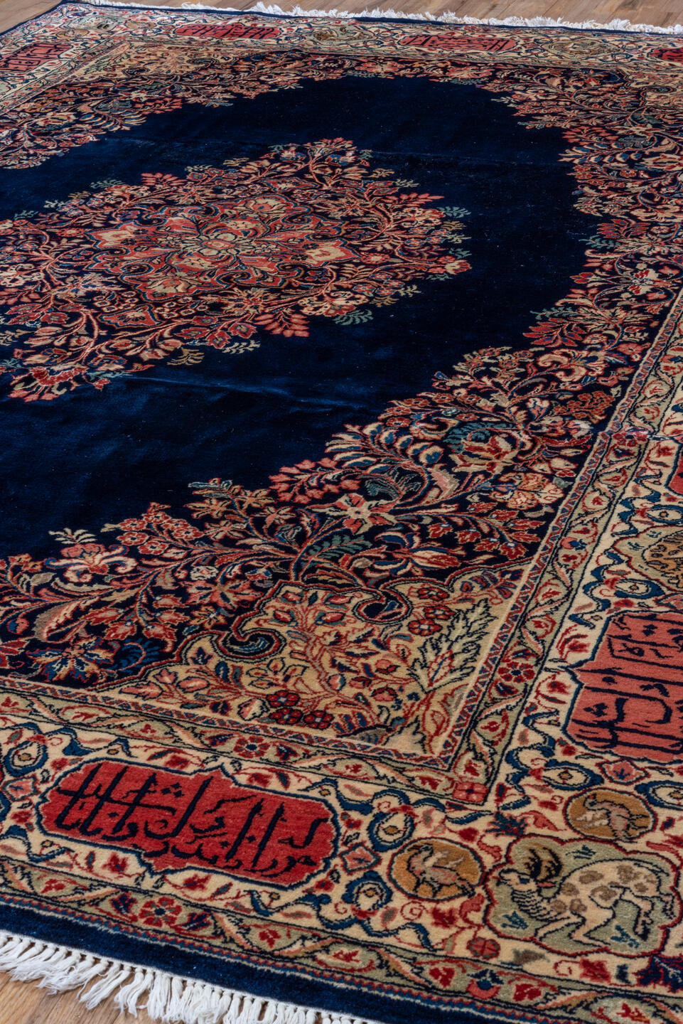 8' x 11' one-of-a-kind handmade antique Sarouk large size rug. Color palette: navy, ivory, rose, crimson, gold, sage, camel
