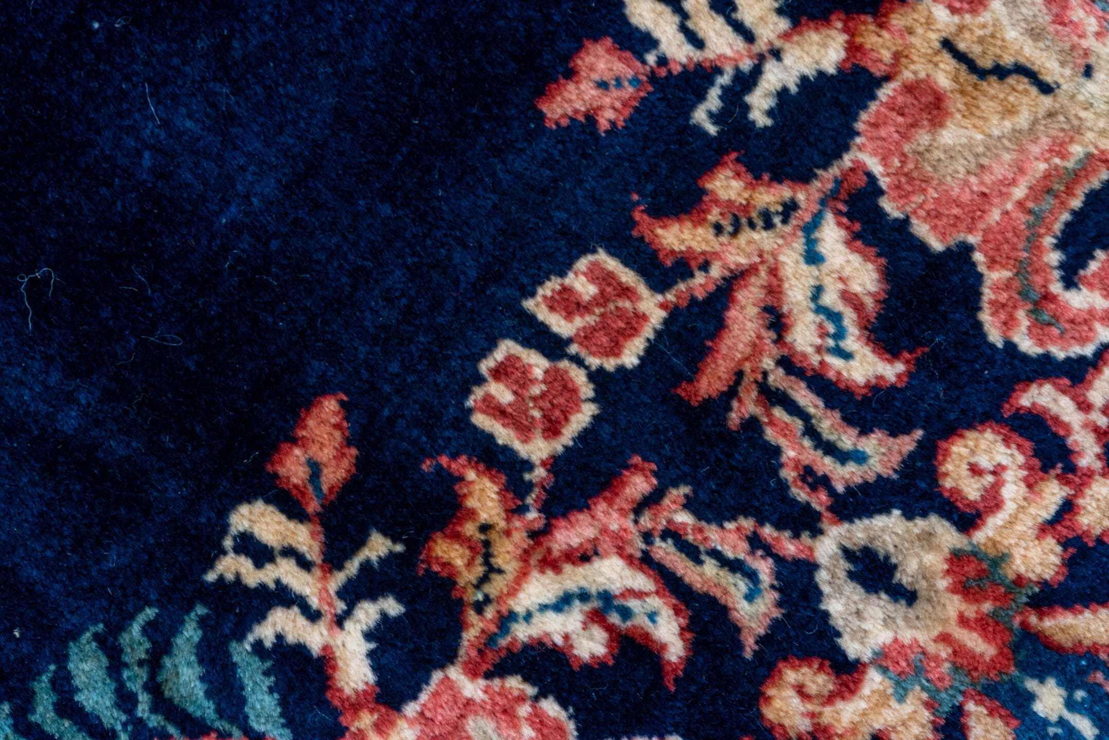 8' x 11' one-of-a-kind handmade antique Sarouk large size rug. Color palette: navy, ivory, rose, crimson, gold, sage, camel