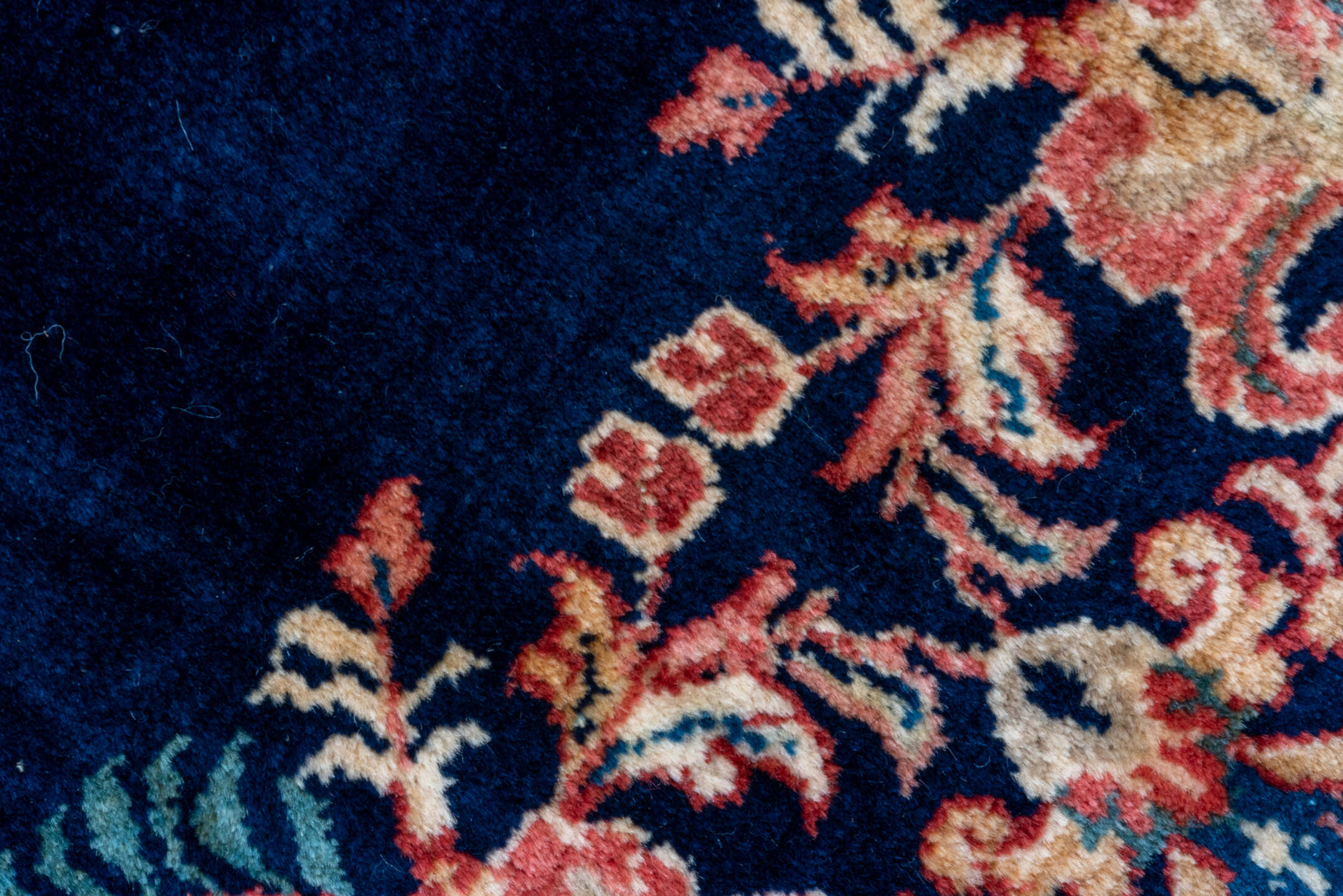 8' x 11' one-of-a-kind handmade antique Sarouk large size rug. Color palette: navy, ivory, rose, crimson, gold, sage, camel