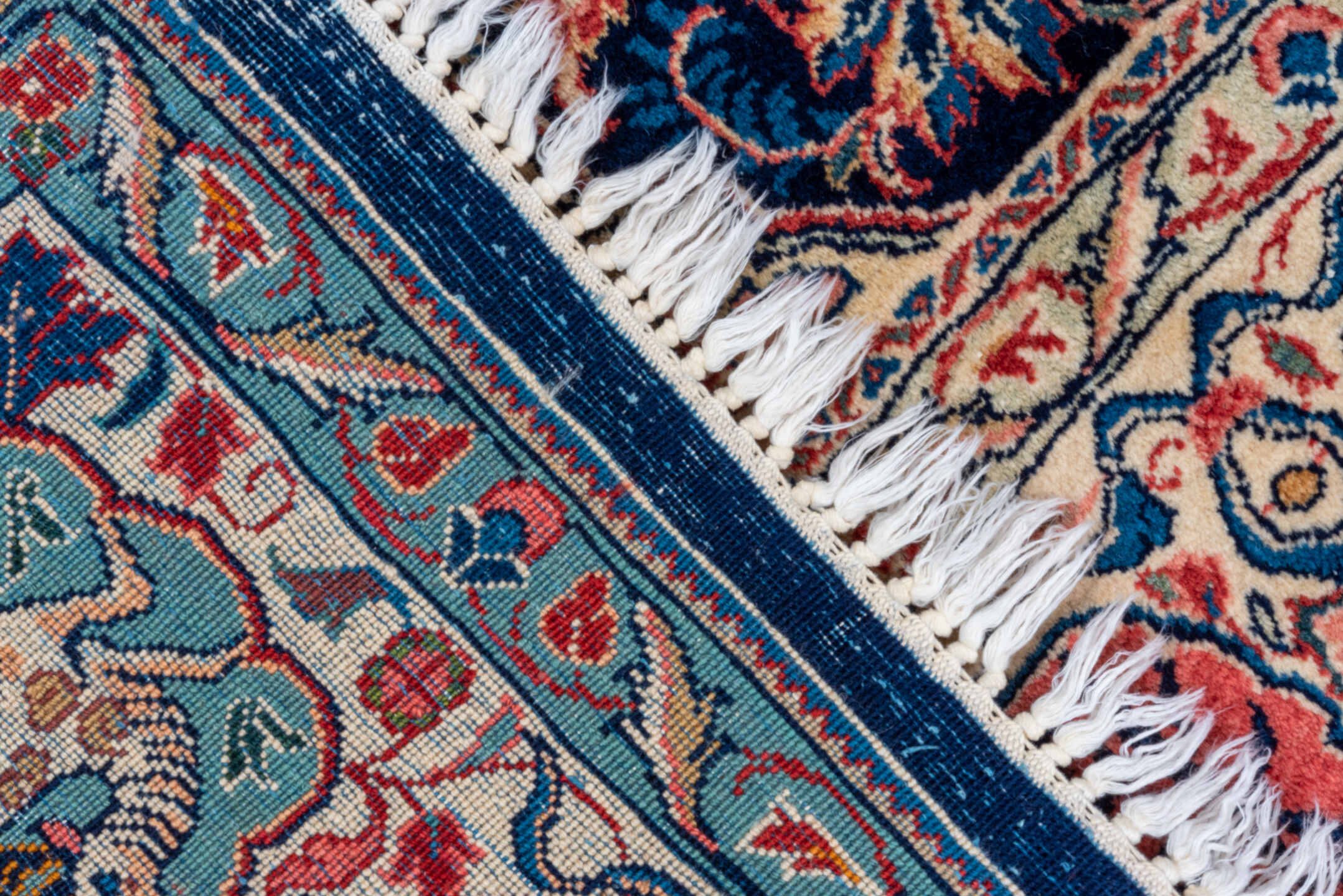 8' x 11' one-of-a-kind handmade antique Sarouk large size rug. Color palette: navy, ivory, rose, crimson, gold, sage, camel