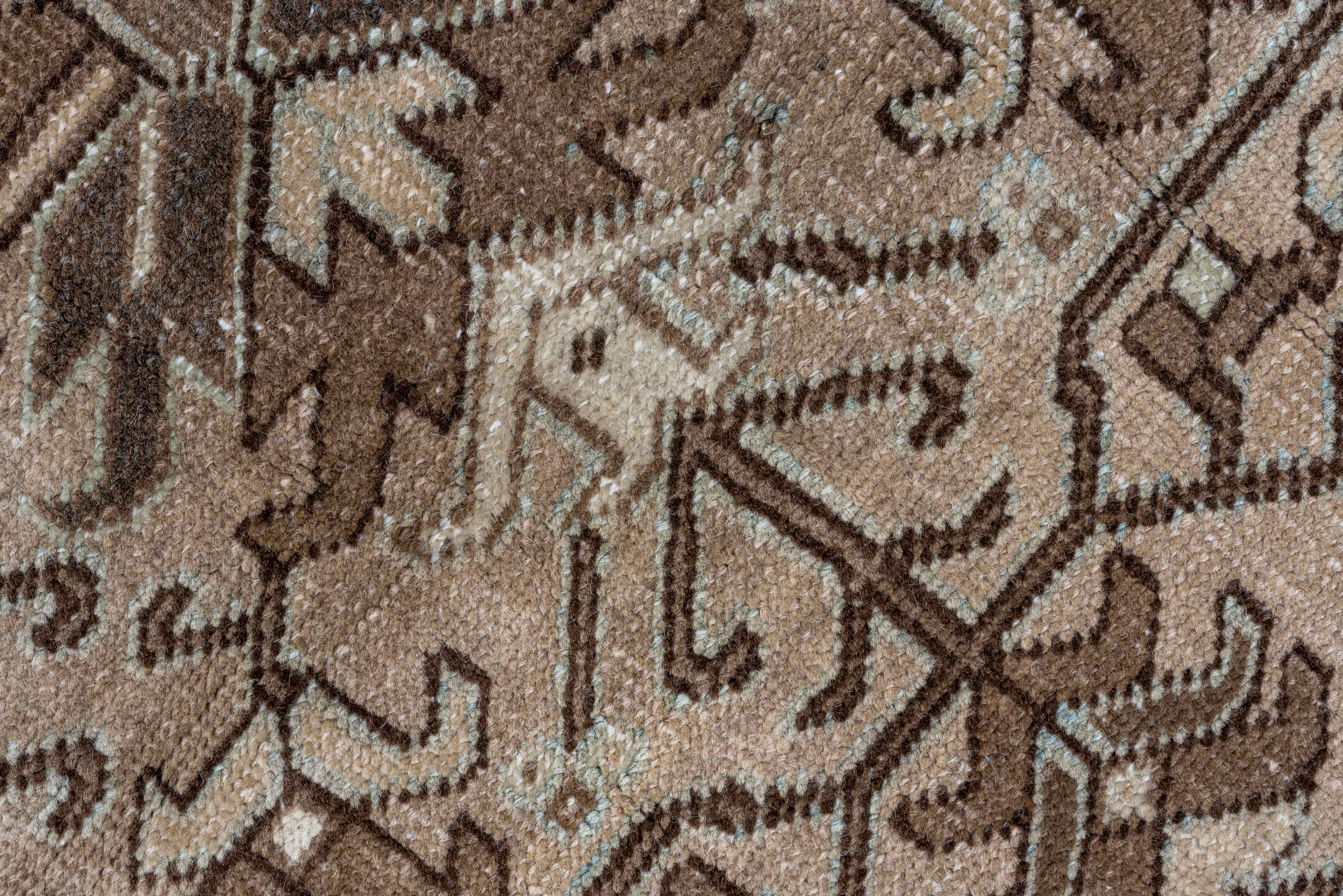 9' x 12' one-of-a-kind handmade antique Heriz large size rug. Color palette: taupe, brown, camel, ivory, pale_blue, beige