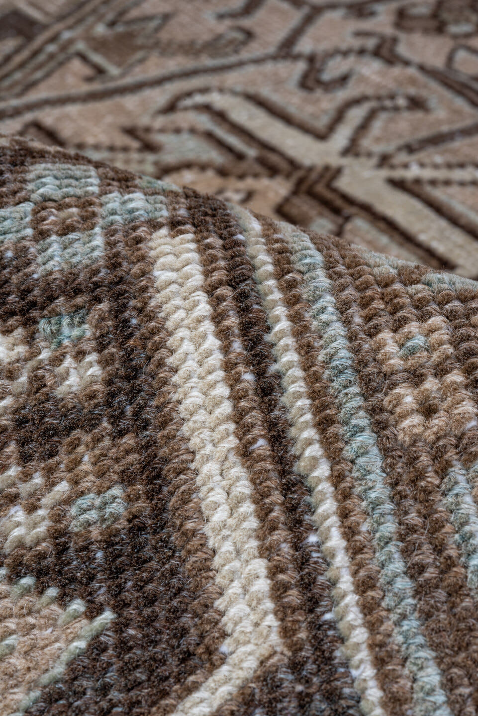 9' x 12' one-of-a-kind handmade antique Heriz large size rug. Color palette: taupe, brown, camel, ivory, pale_blue, beige