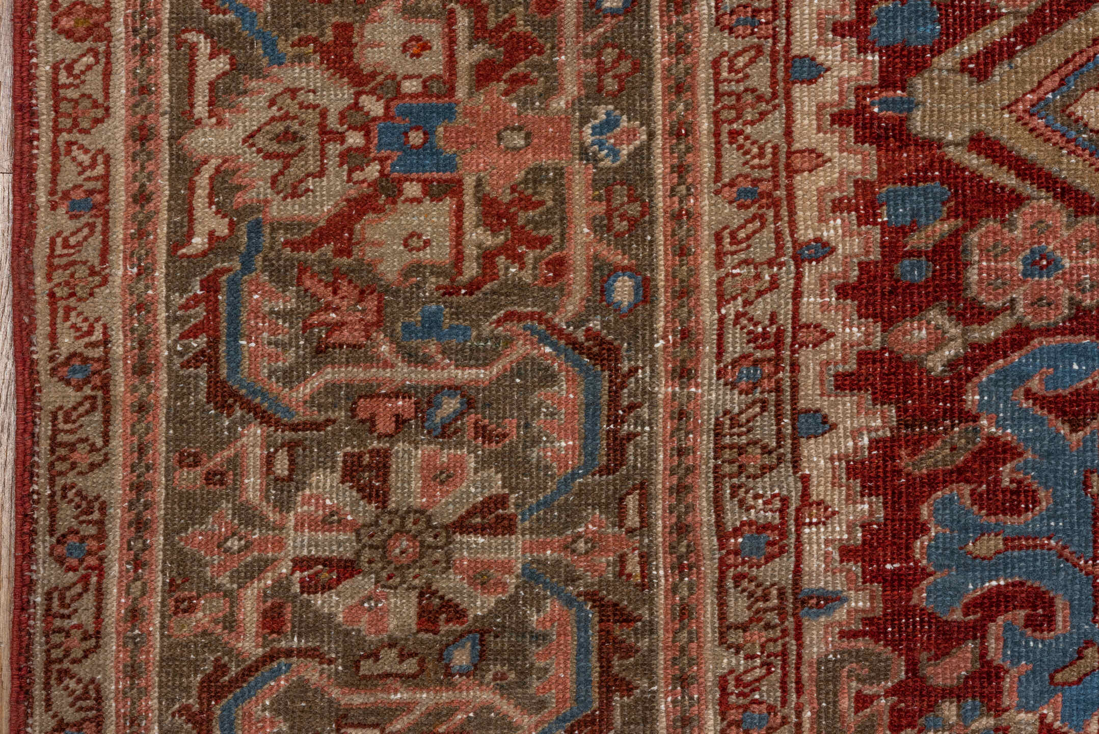 9' x 12' one-of-a-kind handmade antique Heriz large size rug. Color palette: rust, ivory, taupe, sky blue, brown, slate