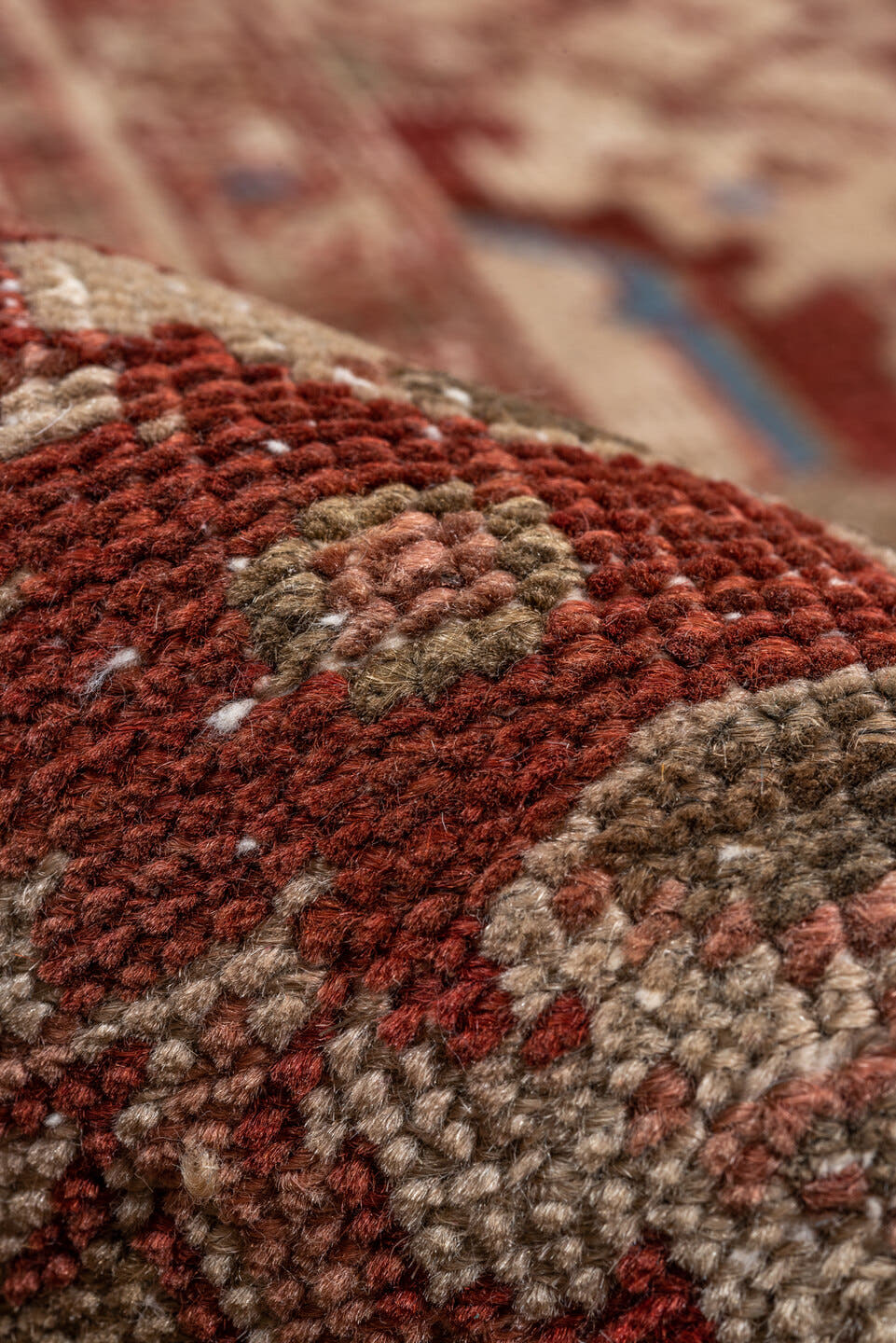 9' x 12' one-of-a-kind handmade antique Heriz large size rug. Color palette: rust, ivory, taupe, sky blue, brown, slate