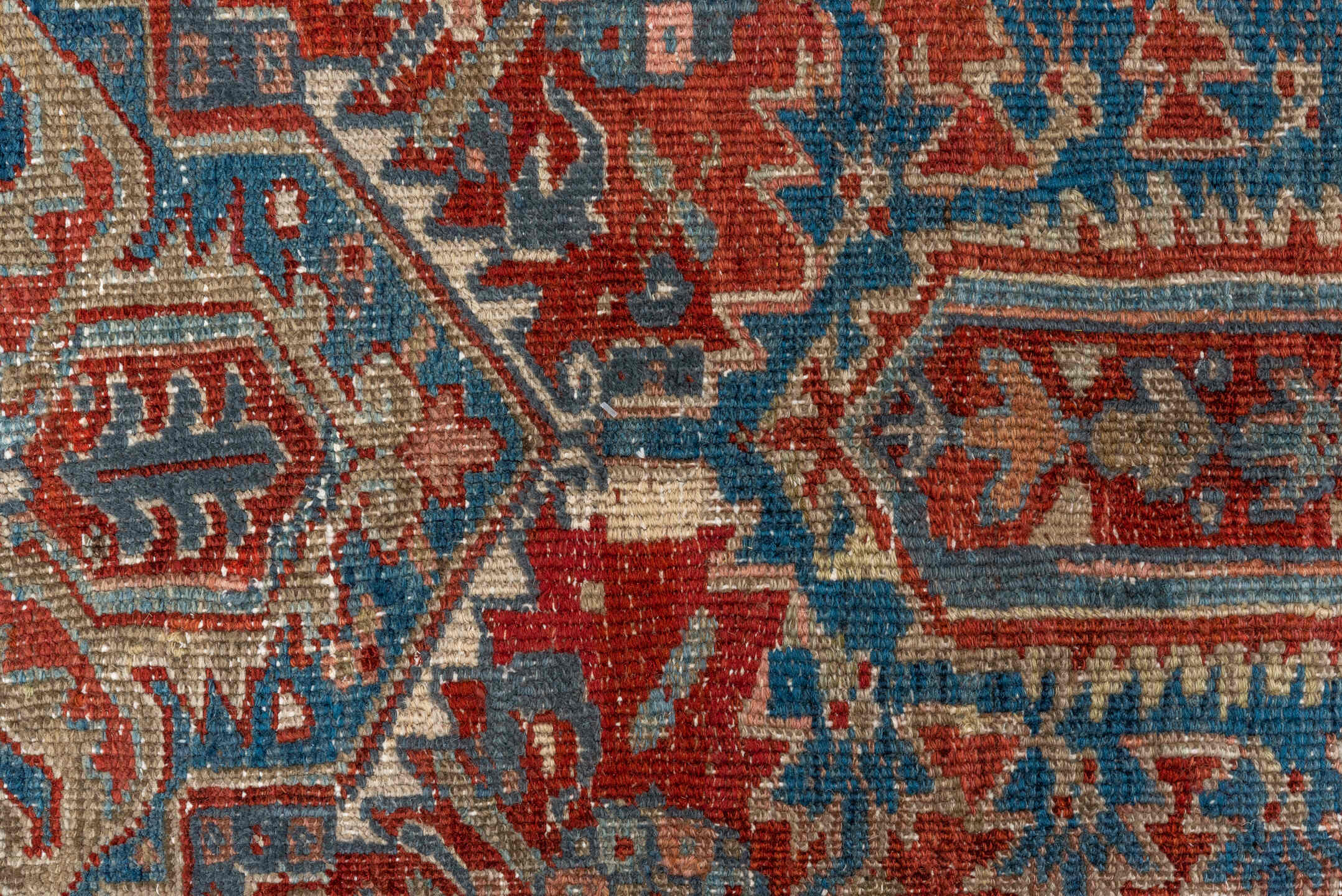 8' x 10' one-of-a-kind handmade antique Heriz large size rug. Color palette: rust, ivory, slate, navy, terra cotta, camel
