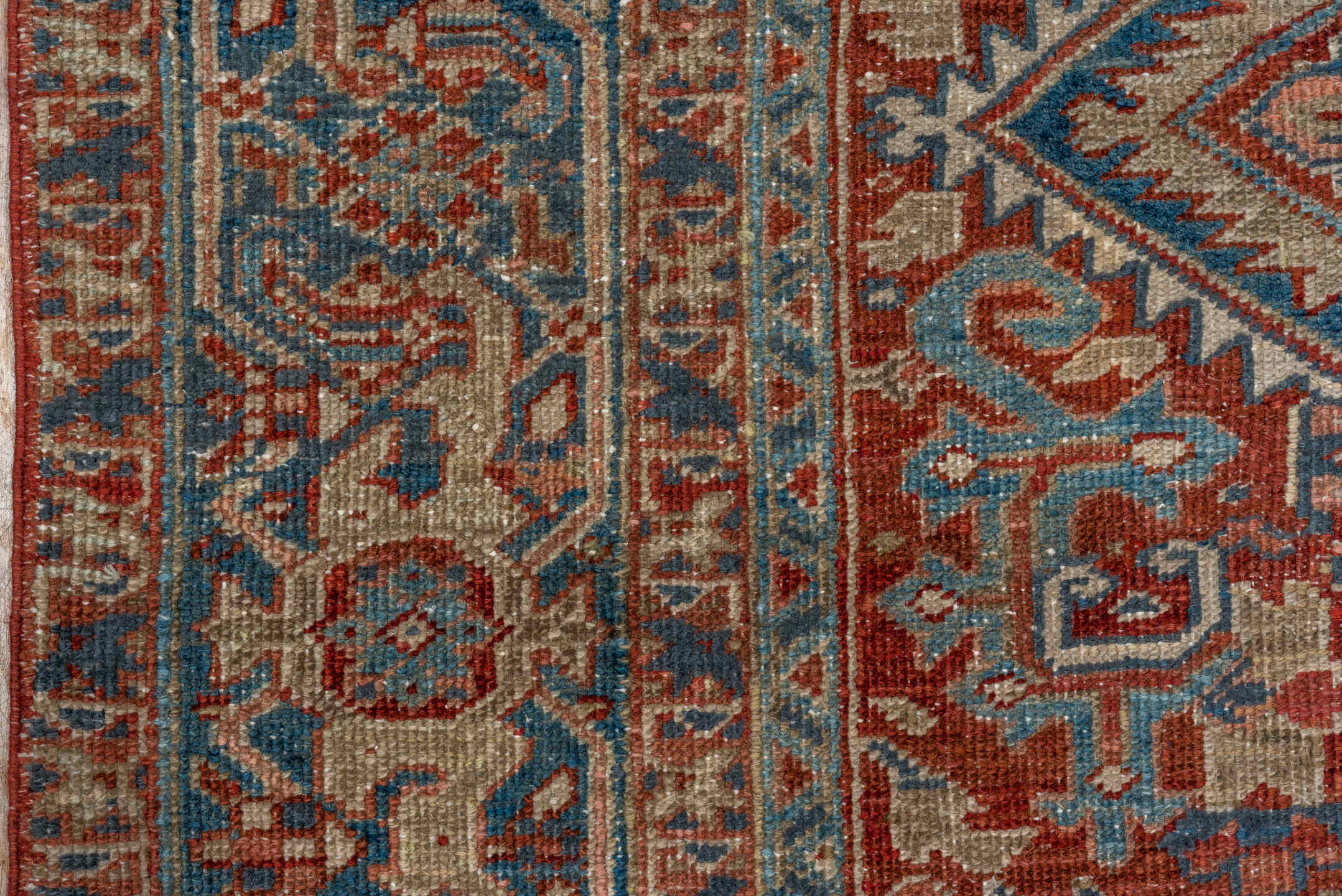 8' x 10' one-of-a-kind handmade antique Heriz large size rug. Color palette: rust, ivory, slate, navy, terra cotta, camel