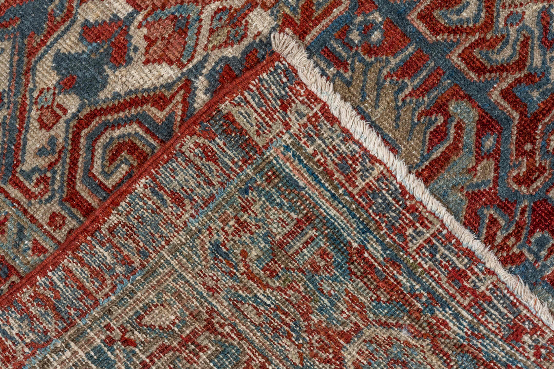 8' x 10' one-of-a-kind handmade antique Heriz large size rug. Color palette: rust, ivory, slate, navy, terra cotta, camel
