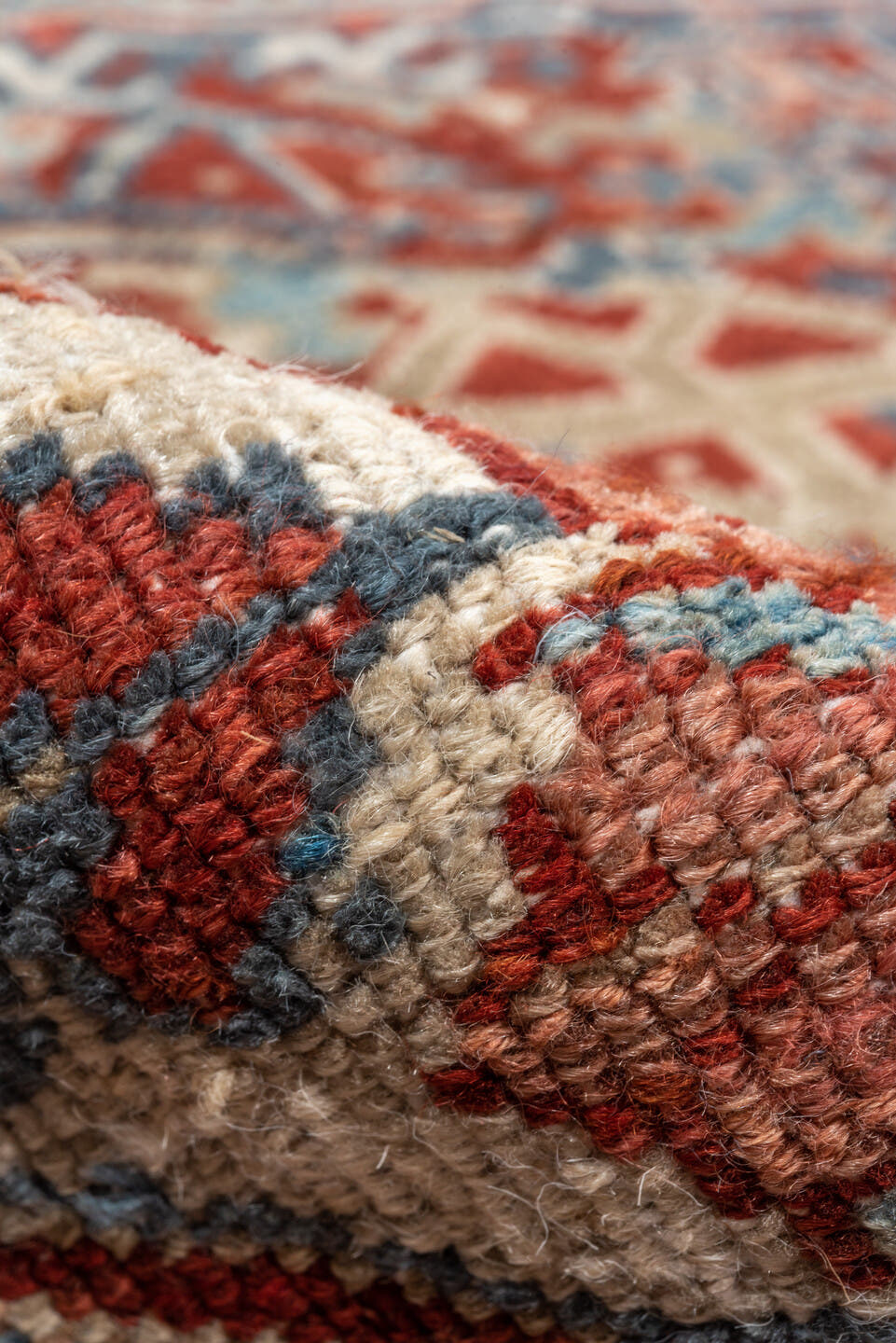 8' x 10' one-of-a-kind handmade antique Heriz large size rug. Color palette: rust, ivory, slate, navy, terra cotta, camel