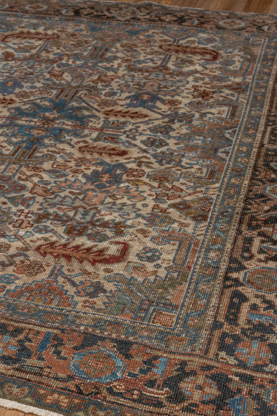 6' x 7' one-of-a-kind handmade vintage Heriz rug. Color palette: black, blue, brown, dark gray, dim gray, gainsboro, gray