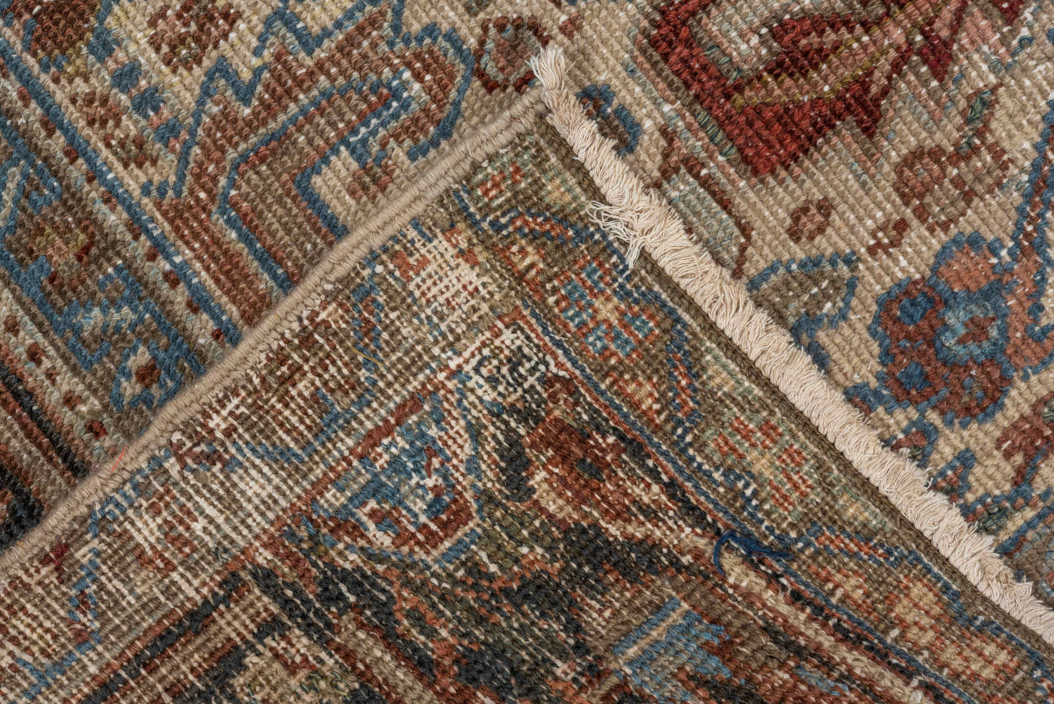 6' x 7' one-of-a-kind handmade vintage Heriz rug. Color palette: black, blue, brown, dark gray, dim gray, gainsboro, gray