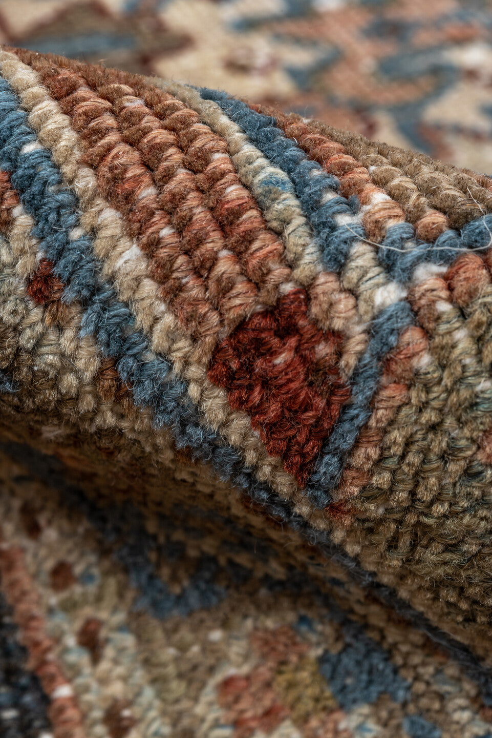 6' x 7' one-of-a-kind handmade vintage Heriz rug. Color palette: black, blue, brown, dark gray, dim gray, gainsboro, gray