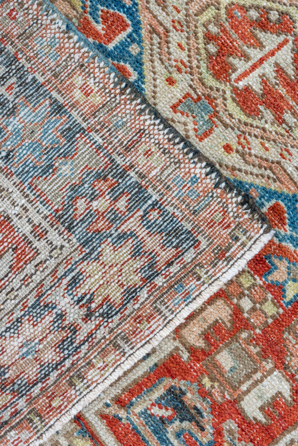 3' x 4' one-of-a-kind handmade vintage Karaje small size rug. Color palette: black, blue, brown, charcoal, gray, light gray