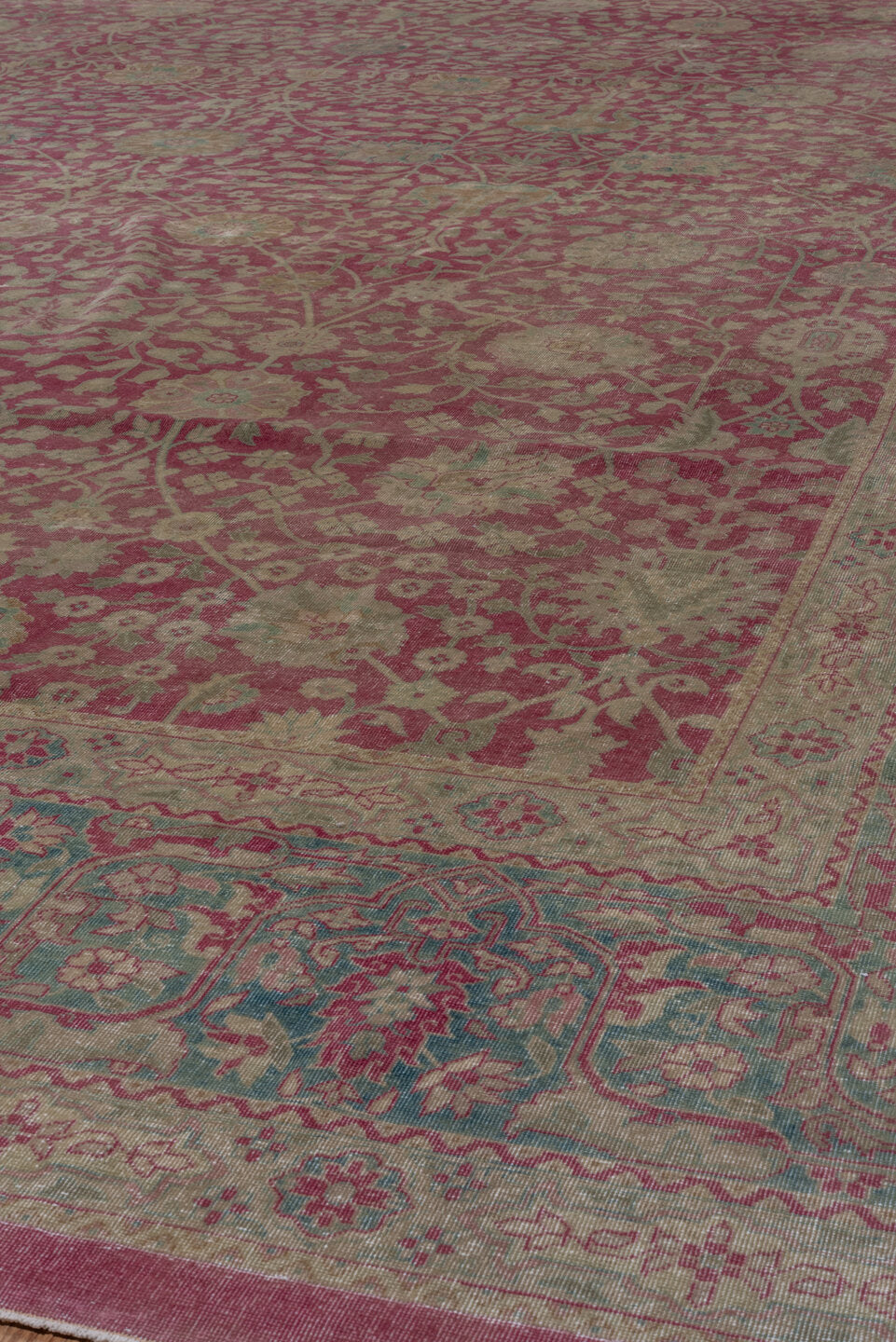 12' x 17' one-of-a-kind handmade antique Sivas oversize rug. Color palette: rose, ivory, teal, dusty pink, sage, taupe, pink