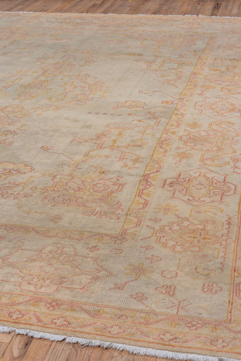 9' x 13' one-of-a-kind handmade vintage Oushak large size rug. Color palette: brown, gray, light gray, off-white, pink