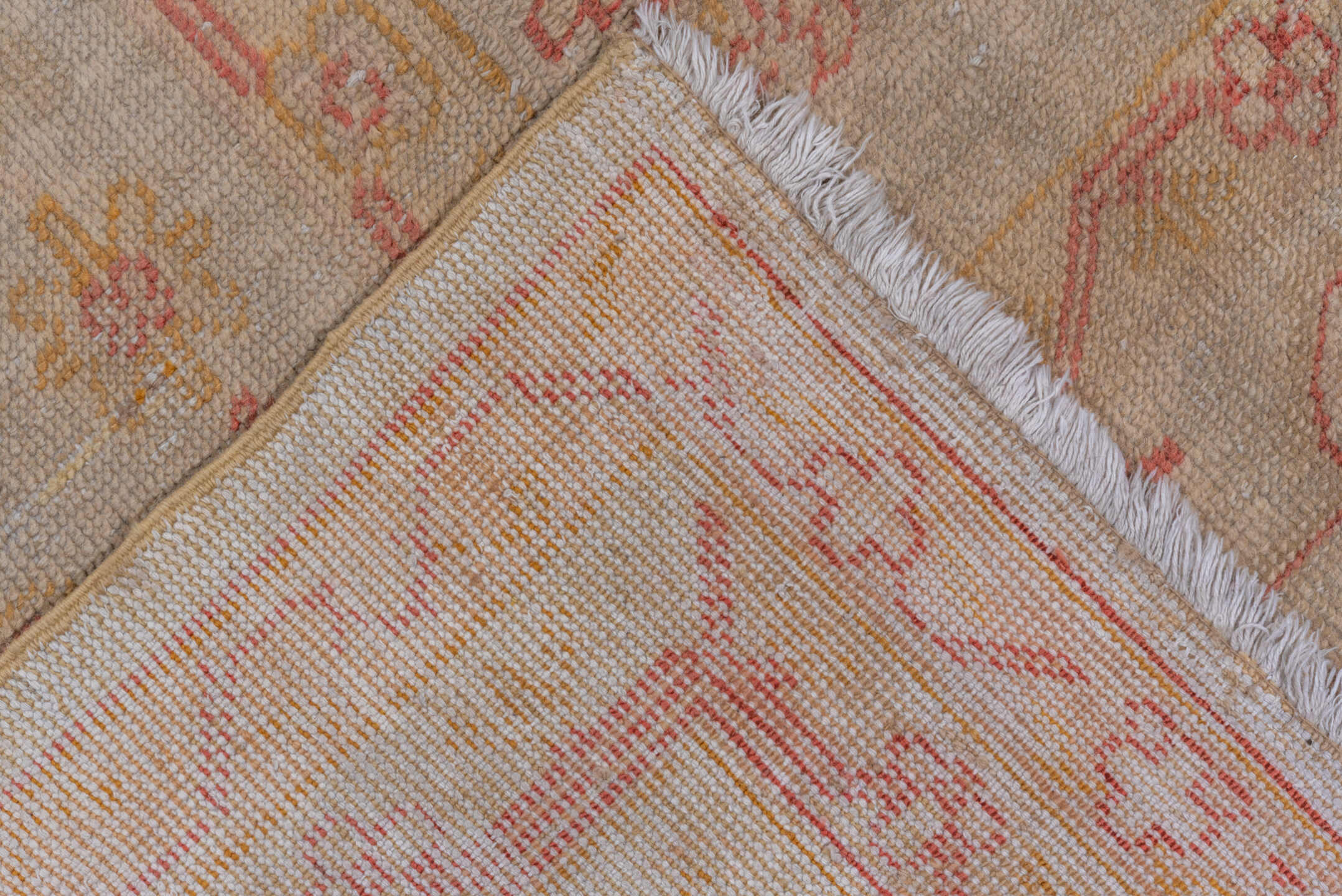 9' x 13' one-of-a-kind handmade antique Oushak large size rug. Color palette: ivory, blush, pale gold, beige, taupe, peach