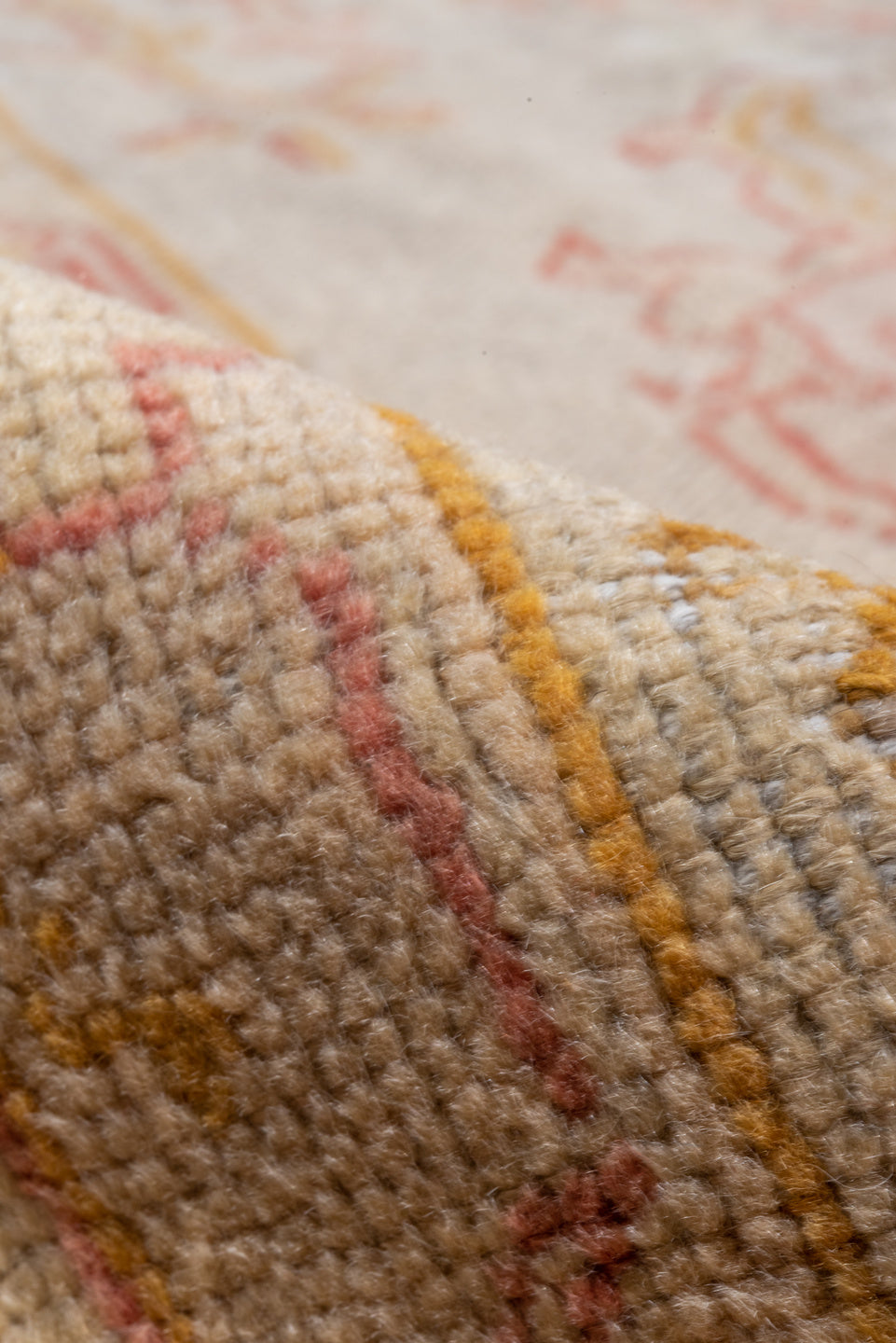 9' x 13' one-of-a-kind handmade vintage Oushak large size rug. Color palette: brown, gray, light gray, off-white, pink