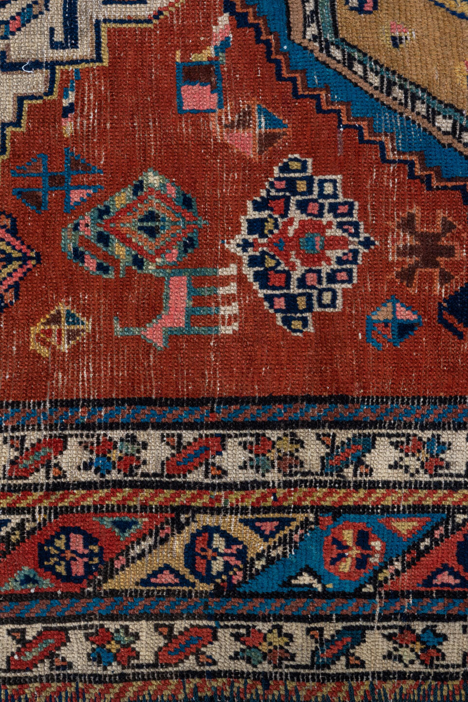 3' x 13' one-of-a-kind handmade antique NW Persian runner rug. Color palette: rust, ivory, indigo, sky blue, camel, crimson