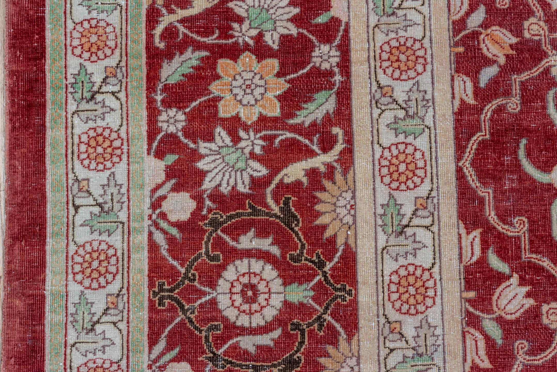 12' x 15' one-of-a-kind handmade antique Agra oversize rug. Color palette: red, ivory, rose, sage, taupe, pink, green, beige