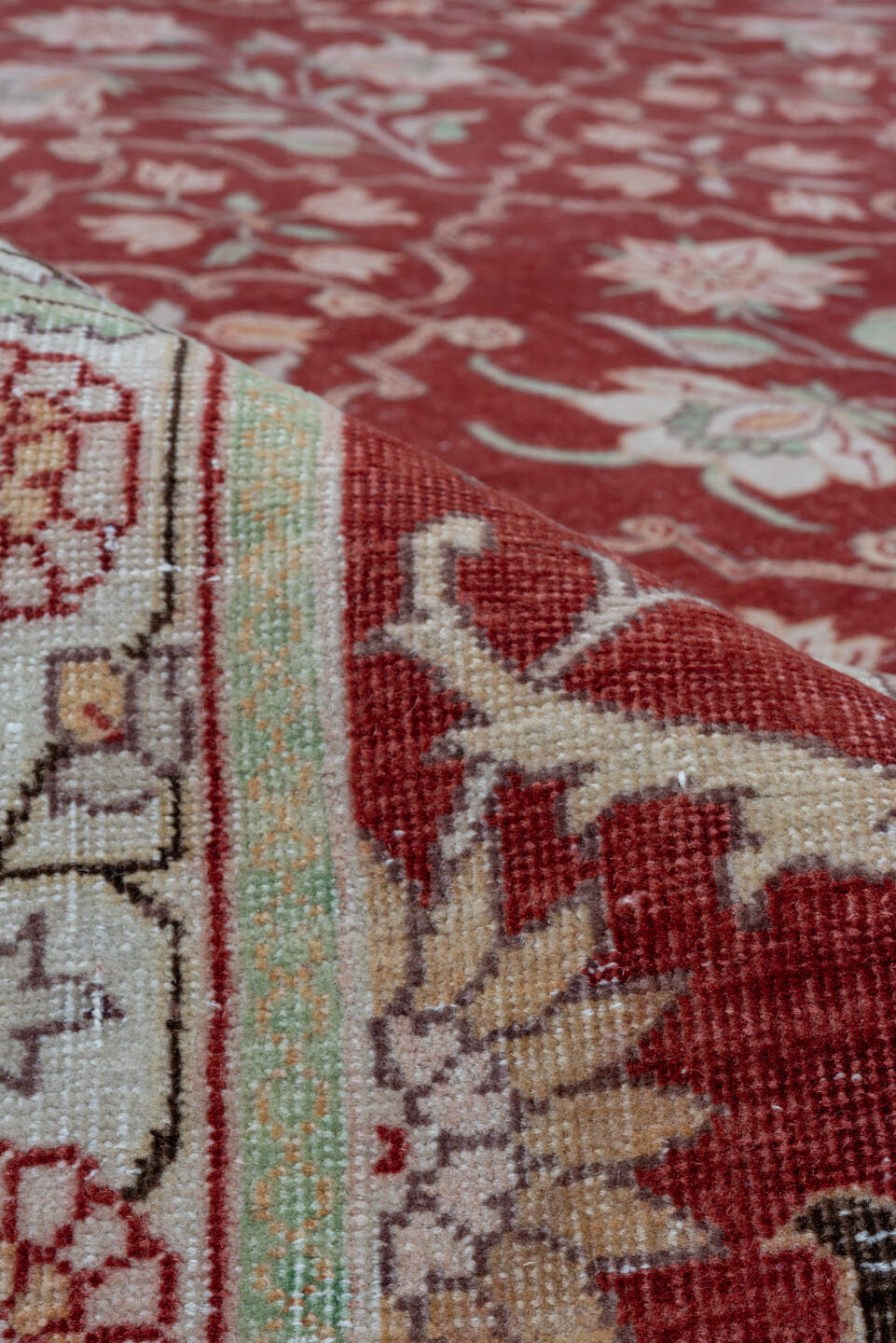 12' x 15' one-of-a-kind handmade antique Agra oversize rug. Color palette: red, ivory, rose, sage, taupe, pink, green, beige