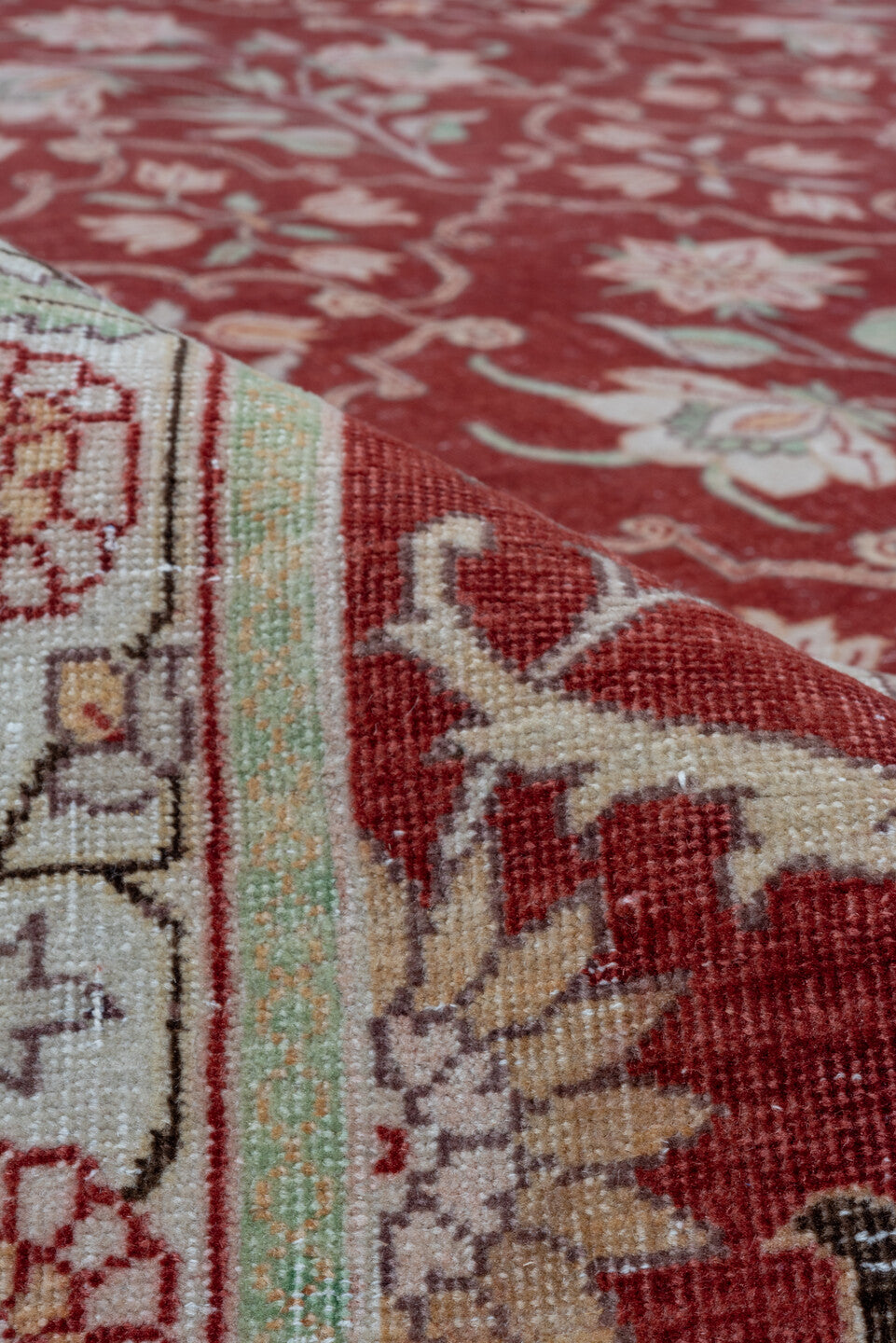 12' x 15' one-of-a-kind handmade antique Agra oversize rug. Color palette: red, ivory, rose, sage, taupe, pink, green, beige