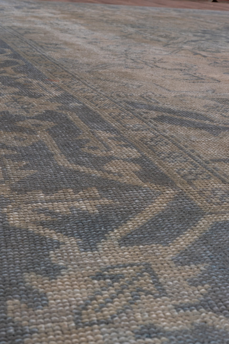 10' x 11' one-of-a-kind handmade antique Oushak large size rug. Color palette: ivory, slate, taupe, gray, charcoal, beige