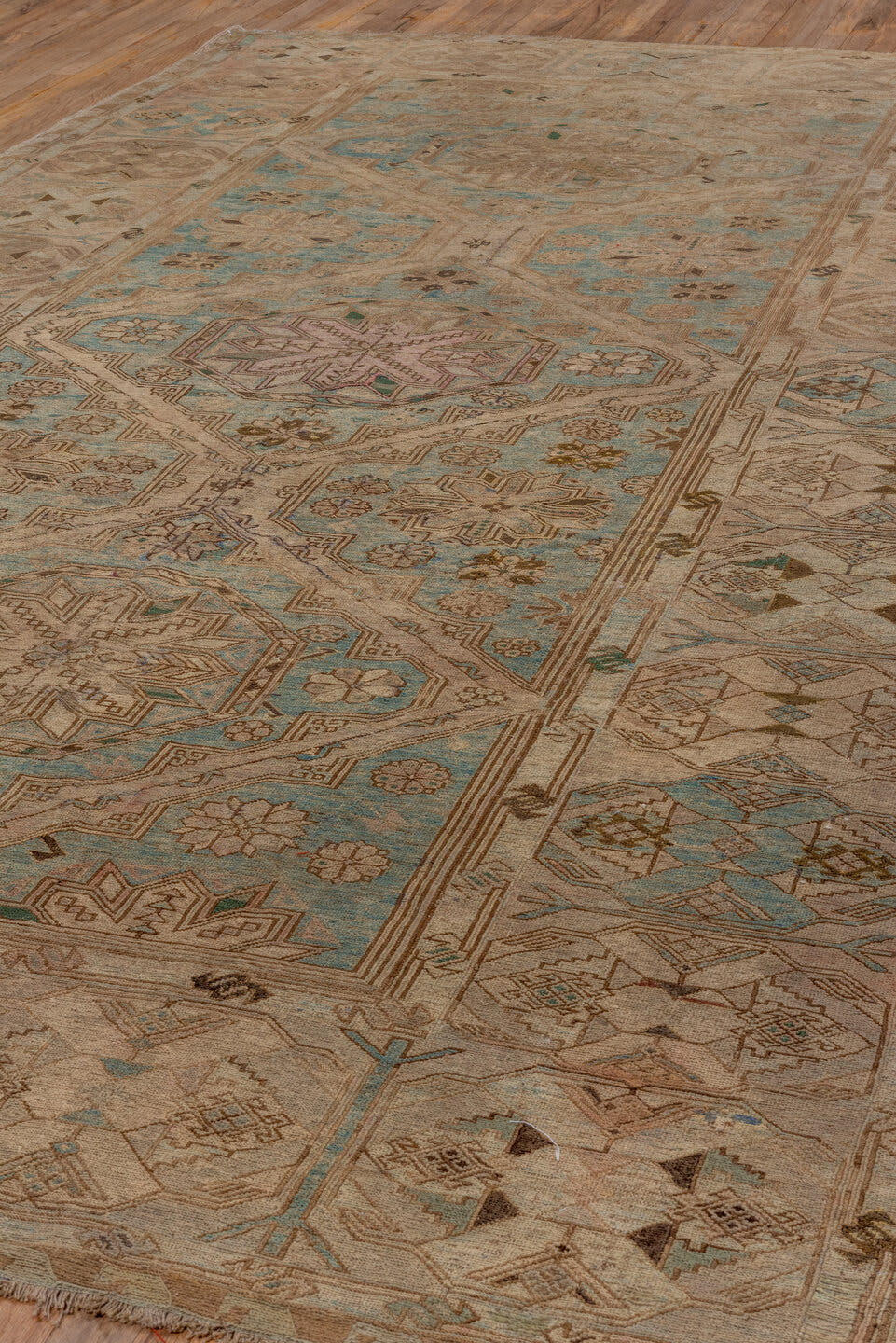 7' x 12' one-of-a-kind handmade antique Sumak large size rug. Color palette: taupe, beige, ivory, aqua, brown, sage, camel