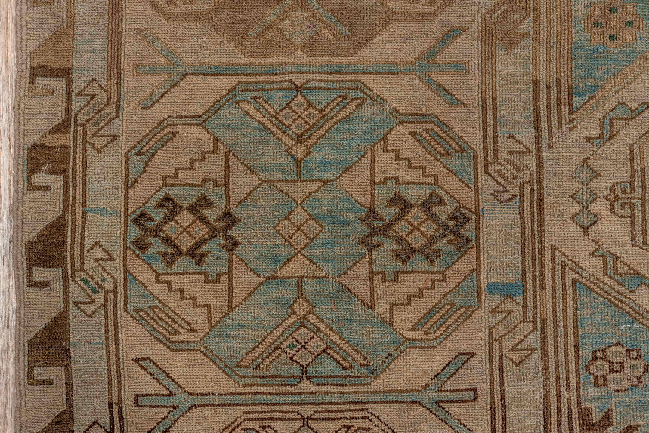 7' x 12' one-of-a-kind handmade antique Sumak large size rug. Color palette: taupe, beige, ivory, aqua, brown, sage, camel