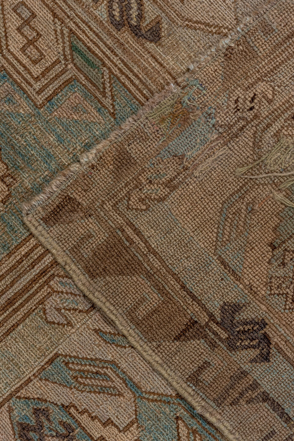 7' x 12' one-of-a-kind handmade antique Sumak large size rug. Color palette: taupe, beige, ivory, aqua, brown, sage, camel