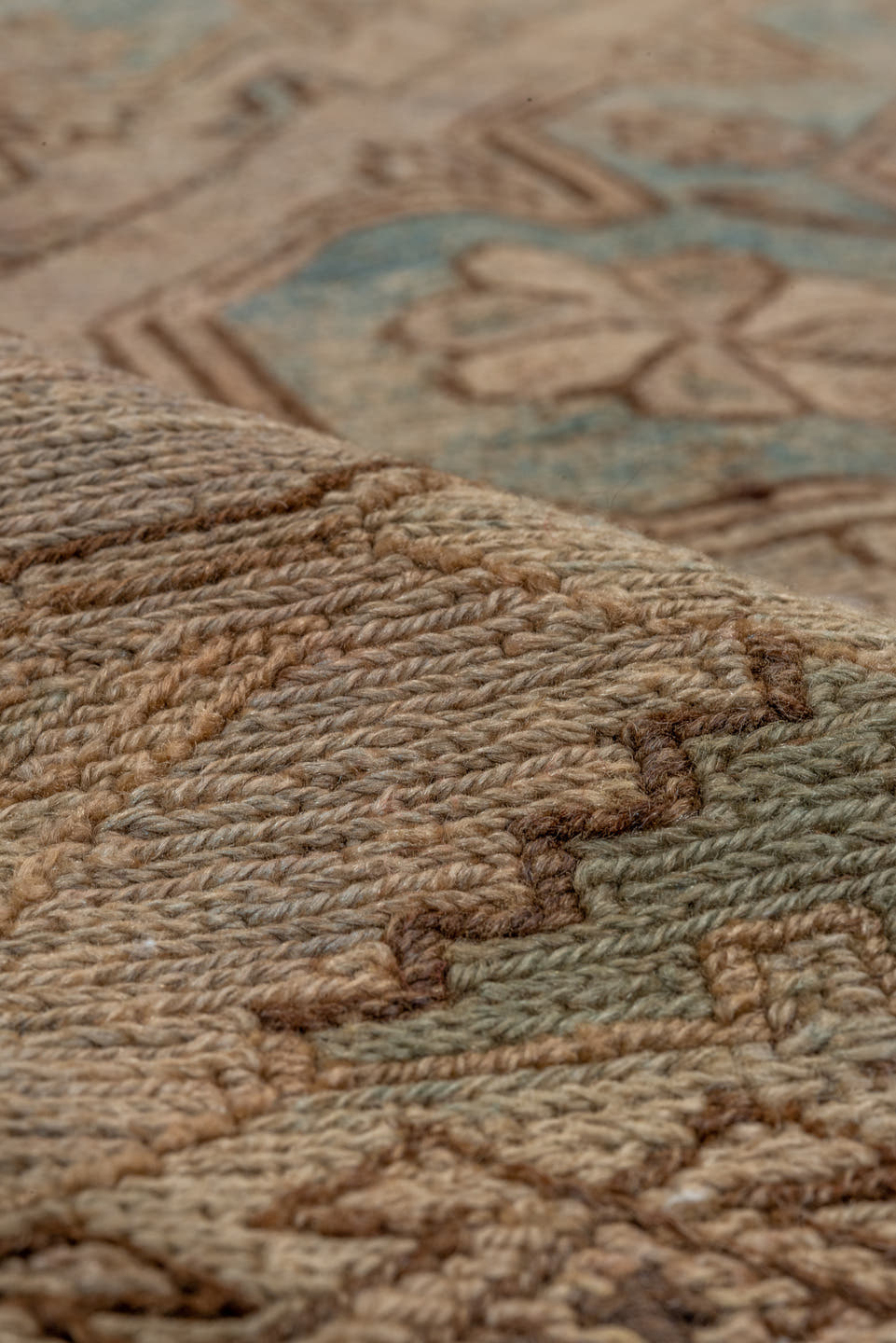7' x 12' one-of-a-kind handmade antique Sumak large size rug. Color palette: taupe, beige, ivory, aqua, brown, sage, camel
