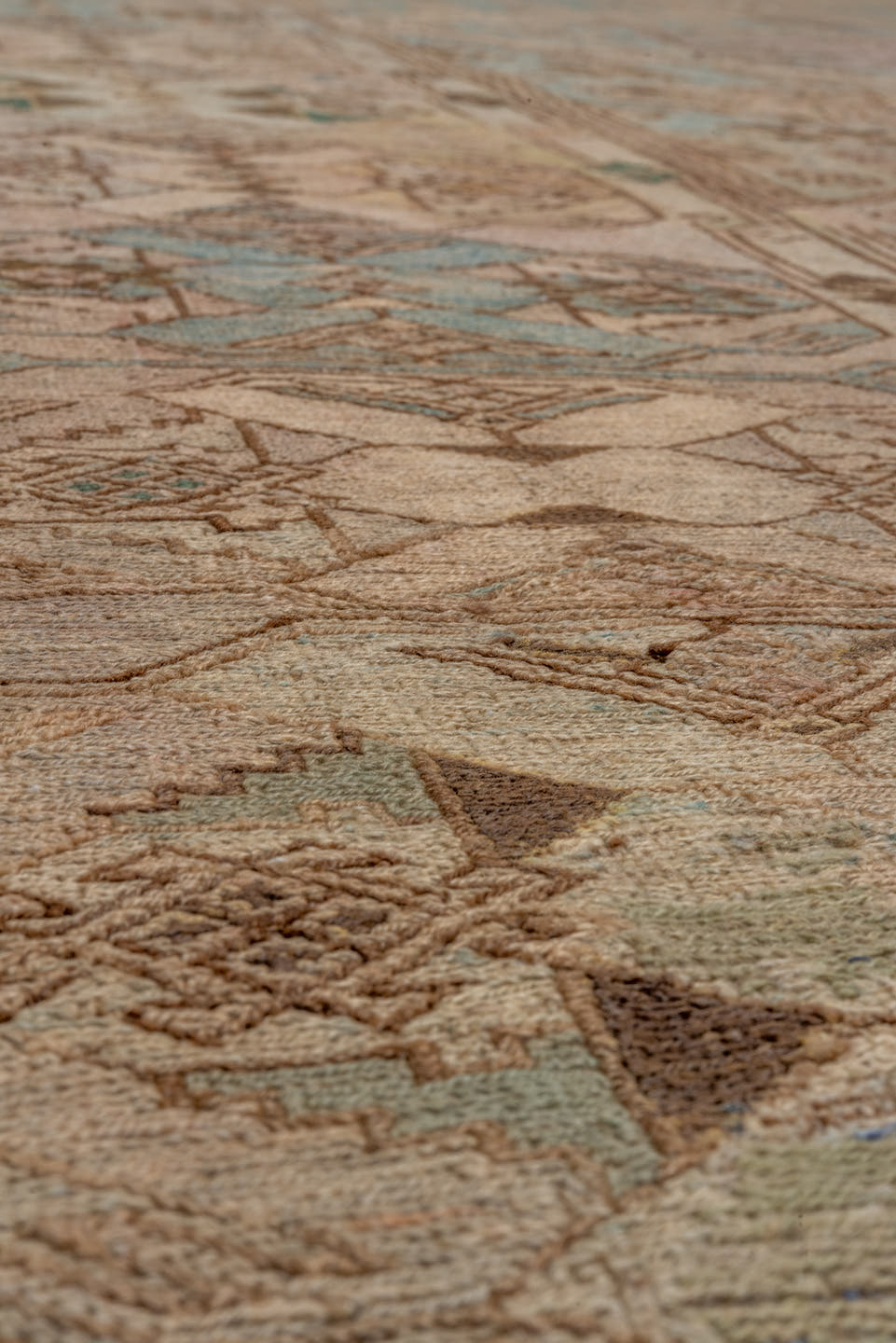 7' x 12' one-of-a-kind handmade antique Sumak large size rug. Color palette: taupe, beige, ivory, aqua, brown, sage, camel