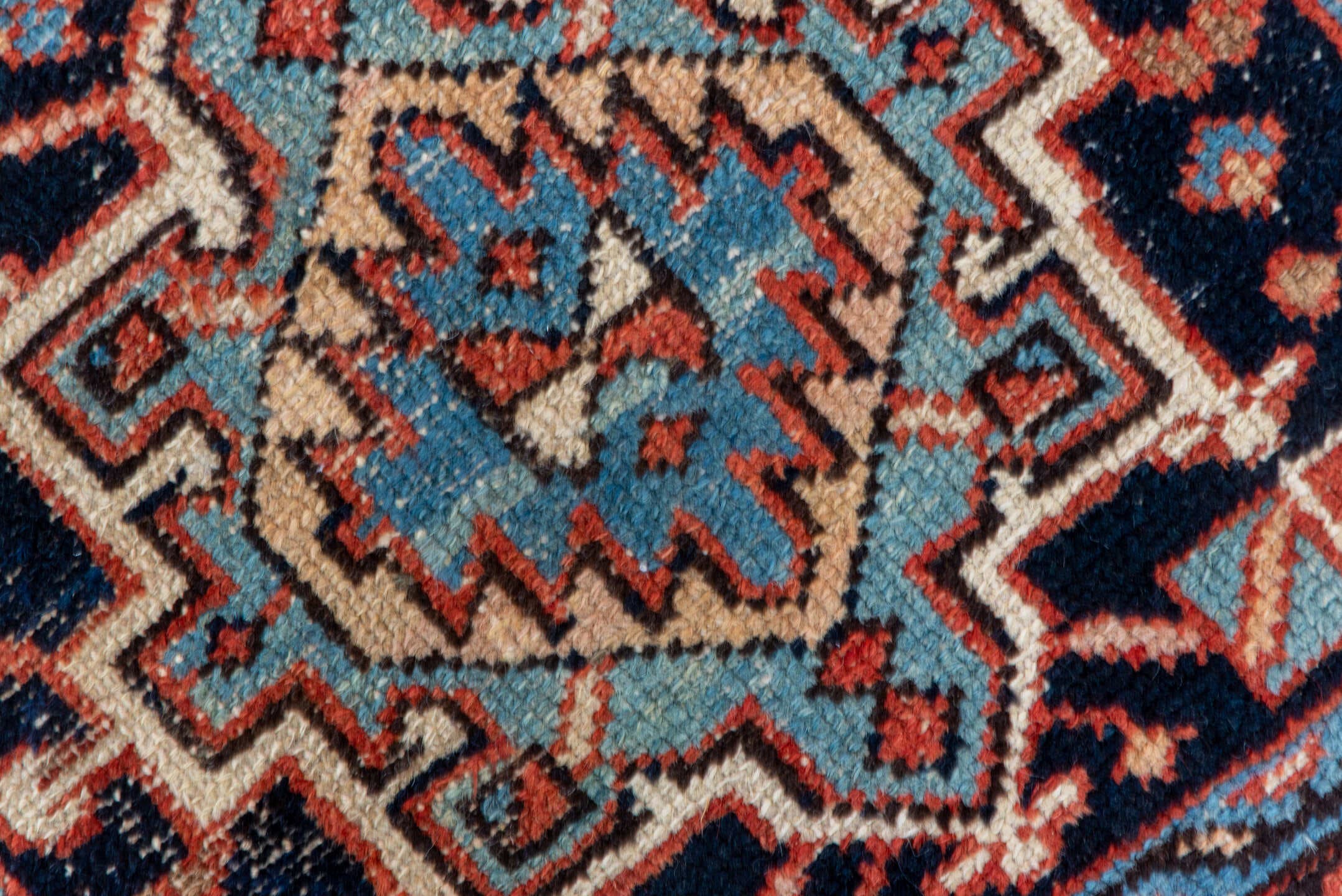 2' x 4' one-of-a-kind handmade antique Karaje small size rug. Color palette: rust, navy, ivory, sky_blue, camel, slate
