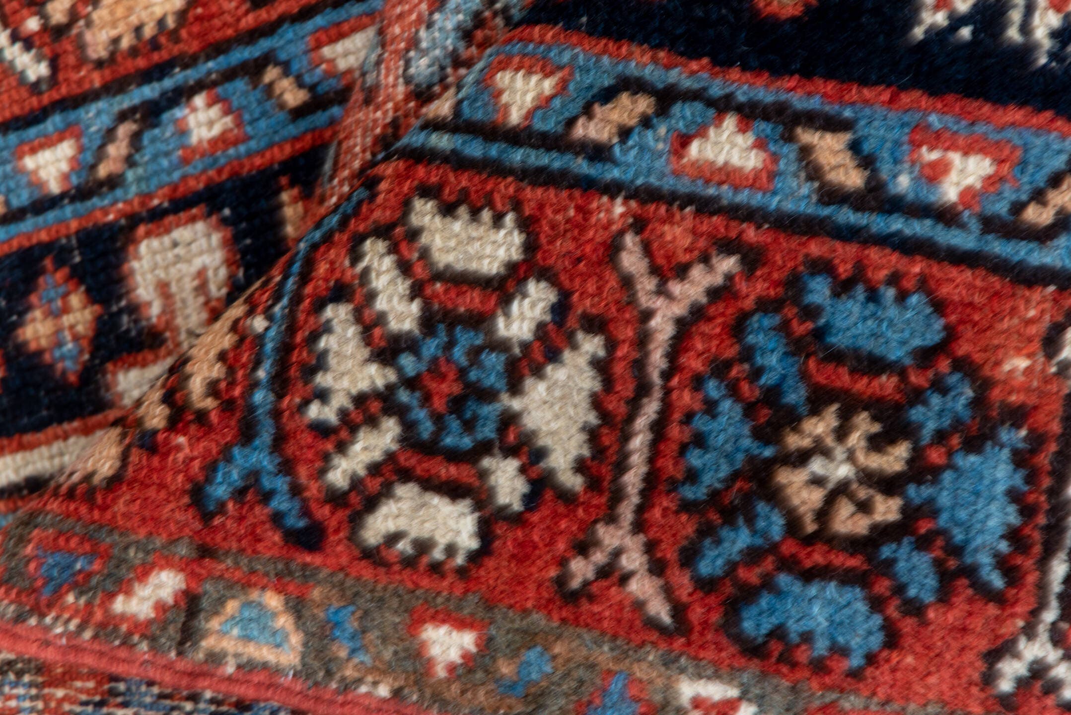 2' x 4' one-of-a-kind handmade antique Karaje small size rug. Color palette: rust, navy, ivory, sky_blue, camel, slate